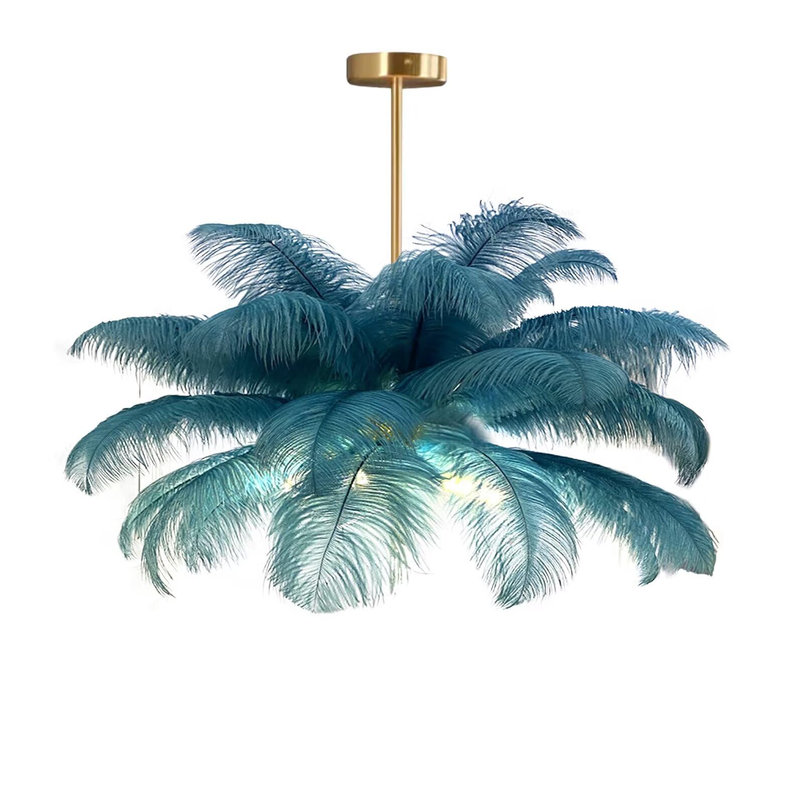GUANSHAN Creative Peacock Blue Ostrich Feather Ceiling Lamp, Romantic and Aesthetic Feather Chandelier Pendant Lamp with Golden Base for Bedroom, Living Room, Corridor