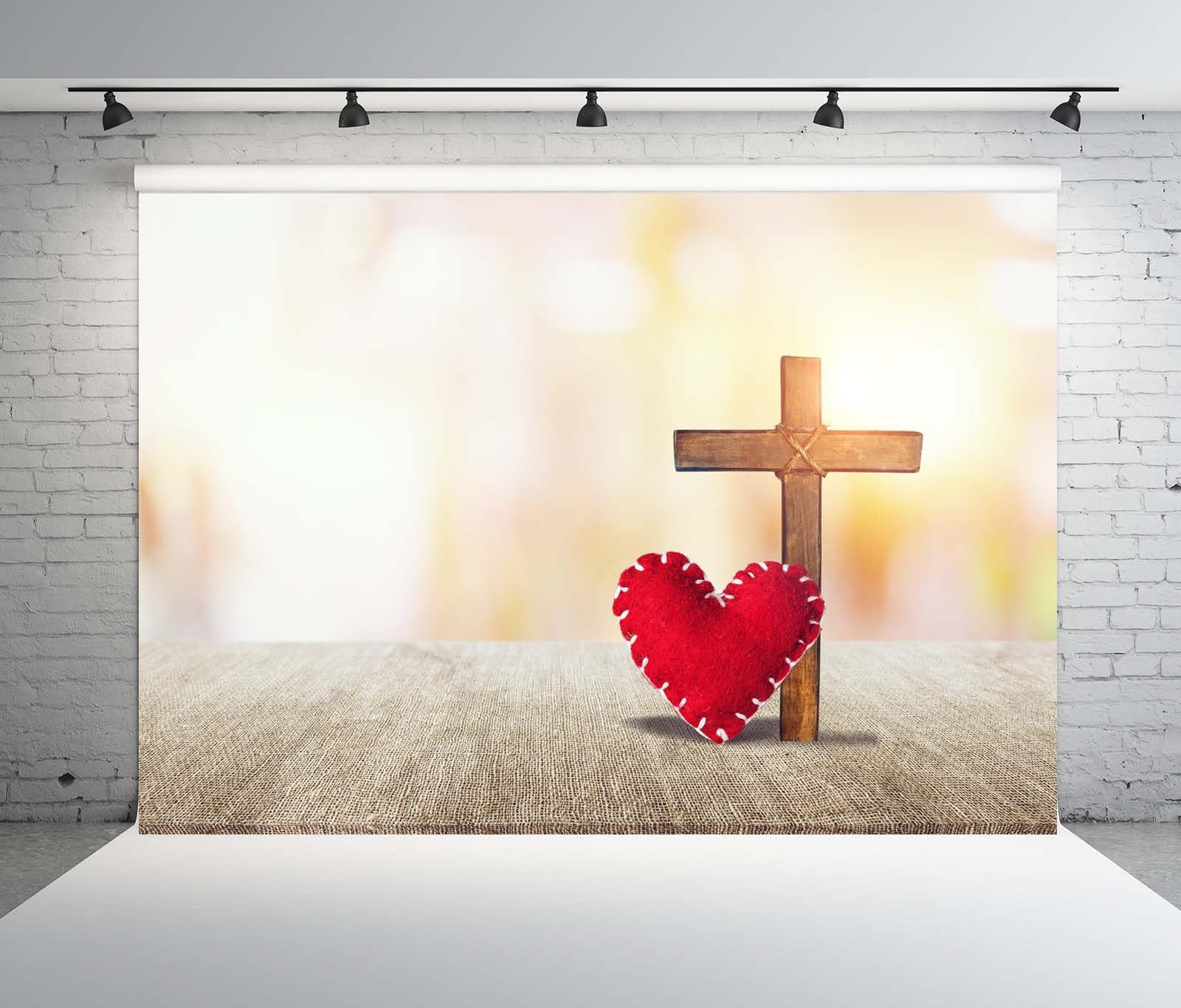 BELECO 3.6x3m Telo sfondo croce di legno e cuore | San Valentino cristiano cuori rossi croce Gesù luce sacra sfondo fede chiesa decorazione festa accessori foto