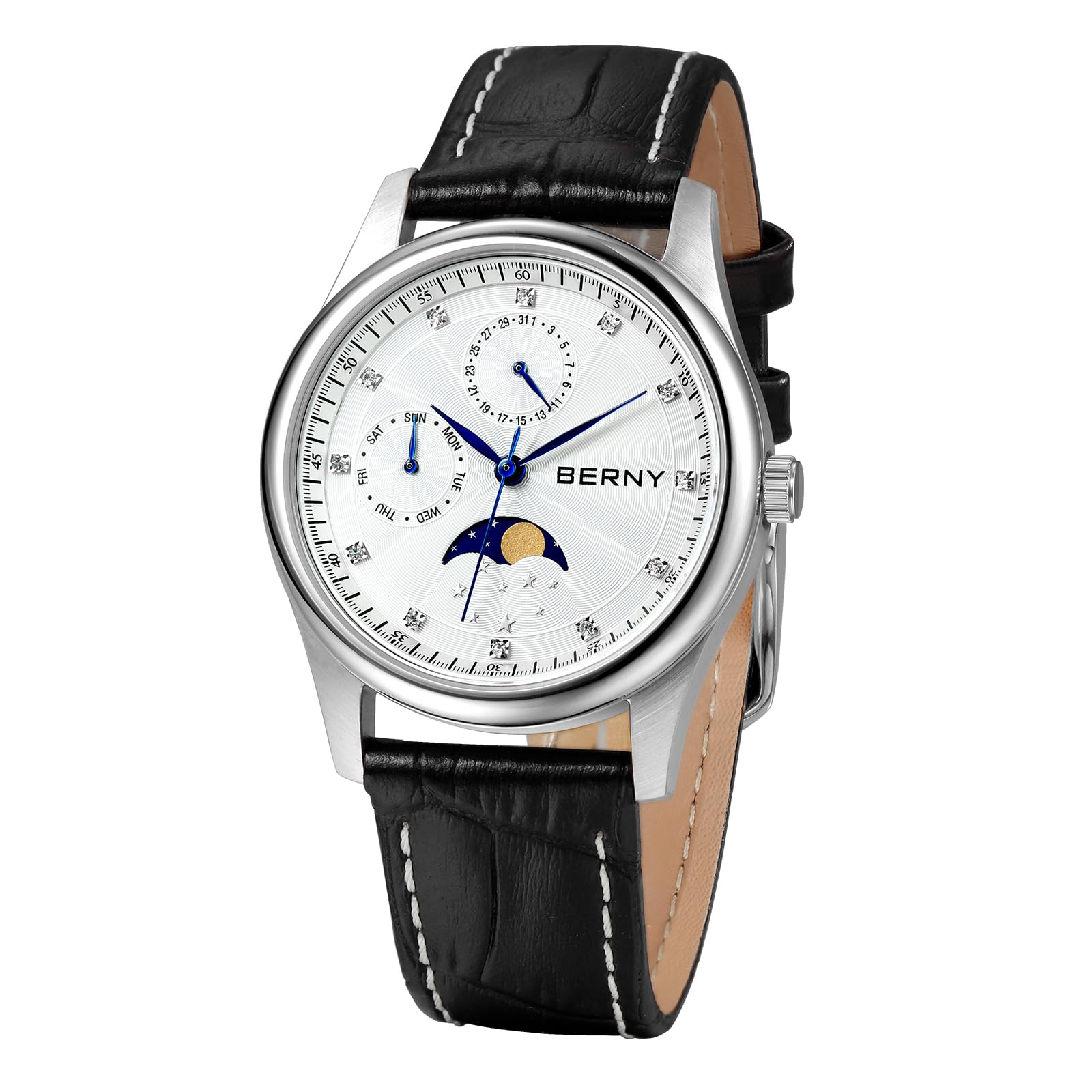 BERNY Relojes Multifunción para Mujer Relojes de Señora Resistentes al Agua con Correa de Cuero Genuino Relojes de Moda Femeninos con Subesfera Calendario y Fase Lunar