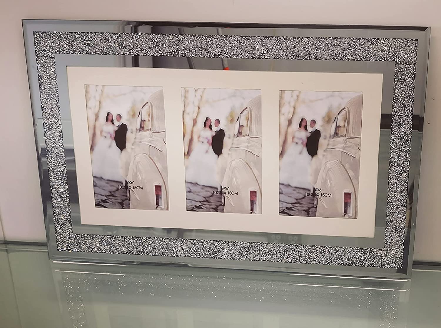 Biznest Silver Diamante Crushed Crystal Photo Frame Multi Aperture Picture Photo Frame For 3 Photos 4X6 Inch Photo (48Cmx29Cm)