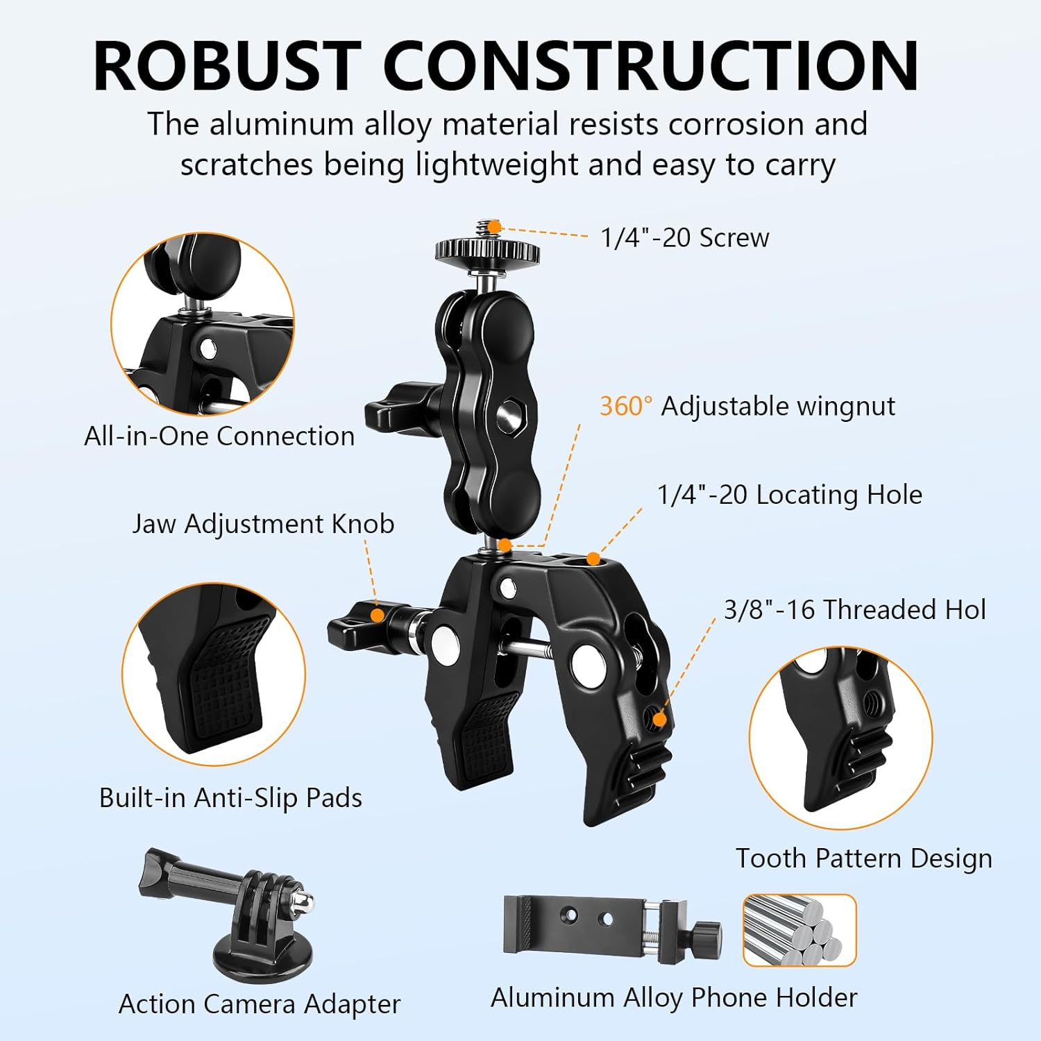 Chelhead Adjustable Phone Camera Holder, 1/4"-20 & 3/8"-16 Threads Universal Tube Mount Fits Up to 3'' Roll Bar Compatible with LED Lights, DSLR Camera, Gopro, Ronin-M, MOVI, Insta360, Tripod/Desk
