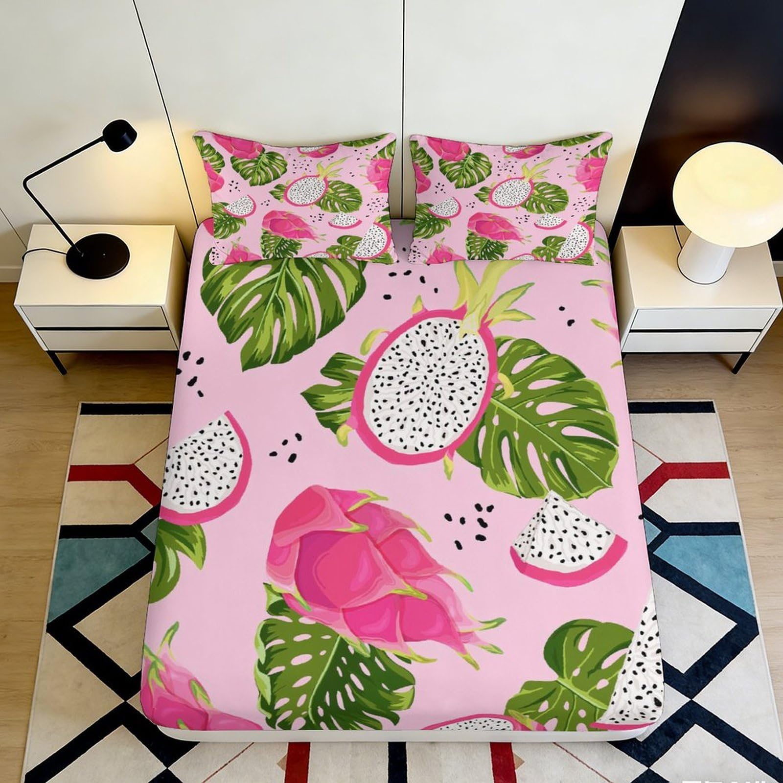 3D Printed Pink Dragon Fruit Fitted Sheet Microfiber Soft Breathable Tropical Leaves Mattress Cover for Bedroom Dorm Decor 90x200x25cm