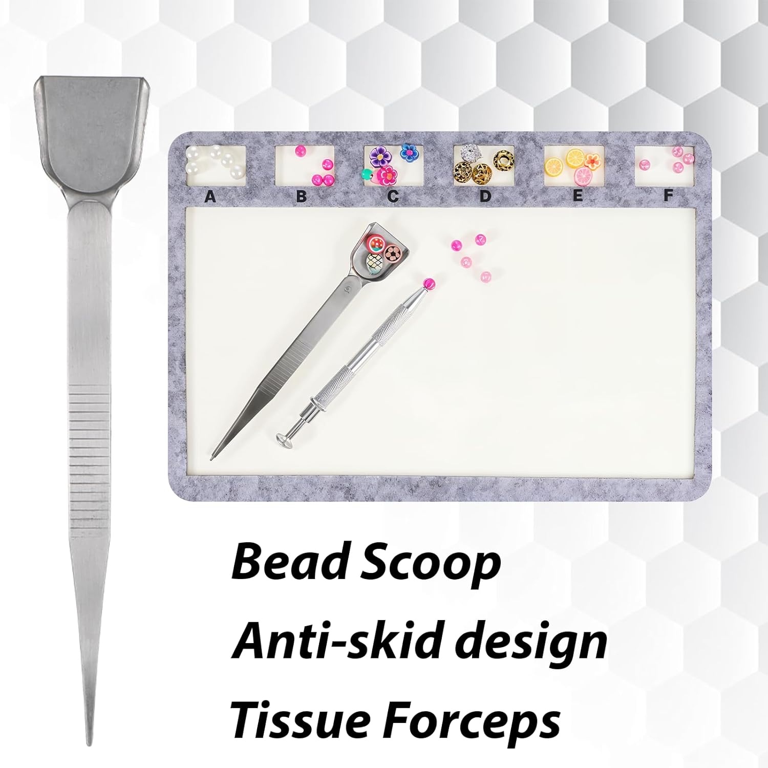 Rectangle Felt Beading Mat 3 Pcs Set Handy Tweezers with Scoop Jewelry Grabber and Individual Grids Felt Beads Design Boards Surface Flocking with Beads Tray Bead Pads for Jewelry Making Art Crafts - Image 3