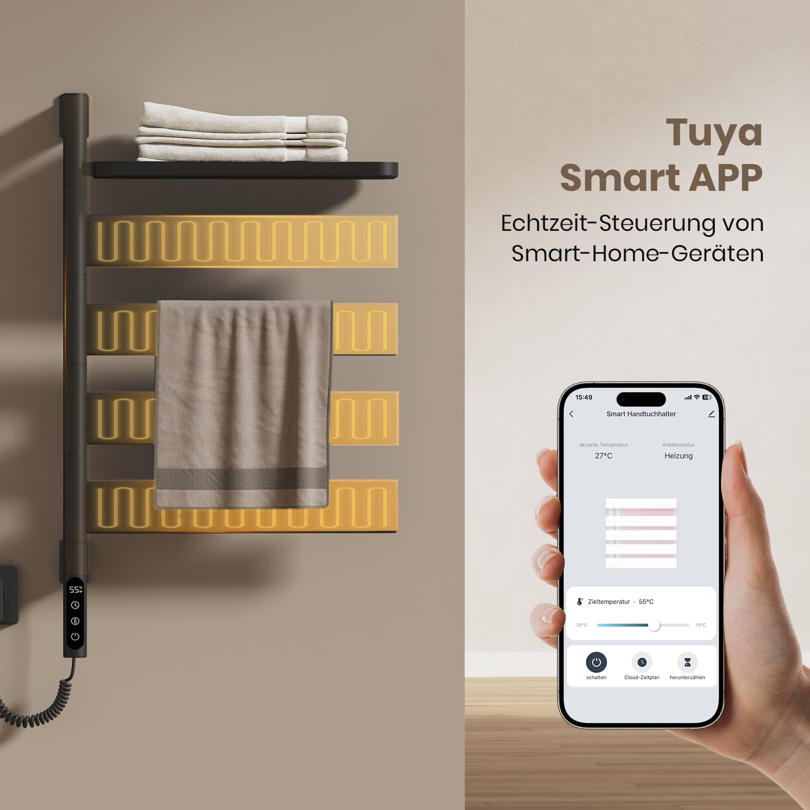 EMKE Radiador eléctrico para toallas, giratorio de 180 grados, calefactor de baño, eléctrico con rack, wifi, toallero, toallero, eléctrico, negro, 125