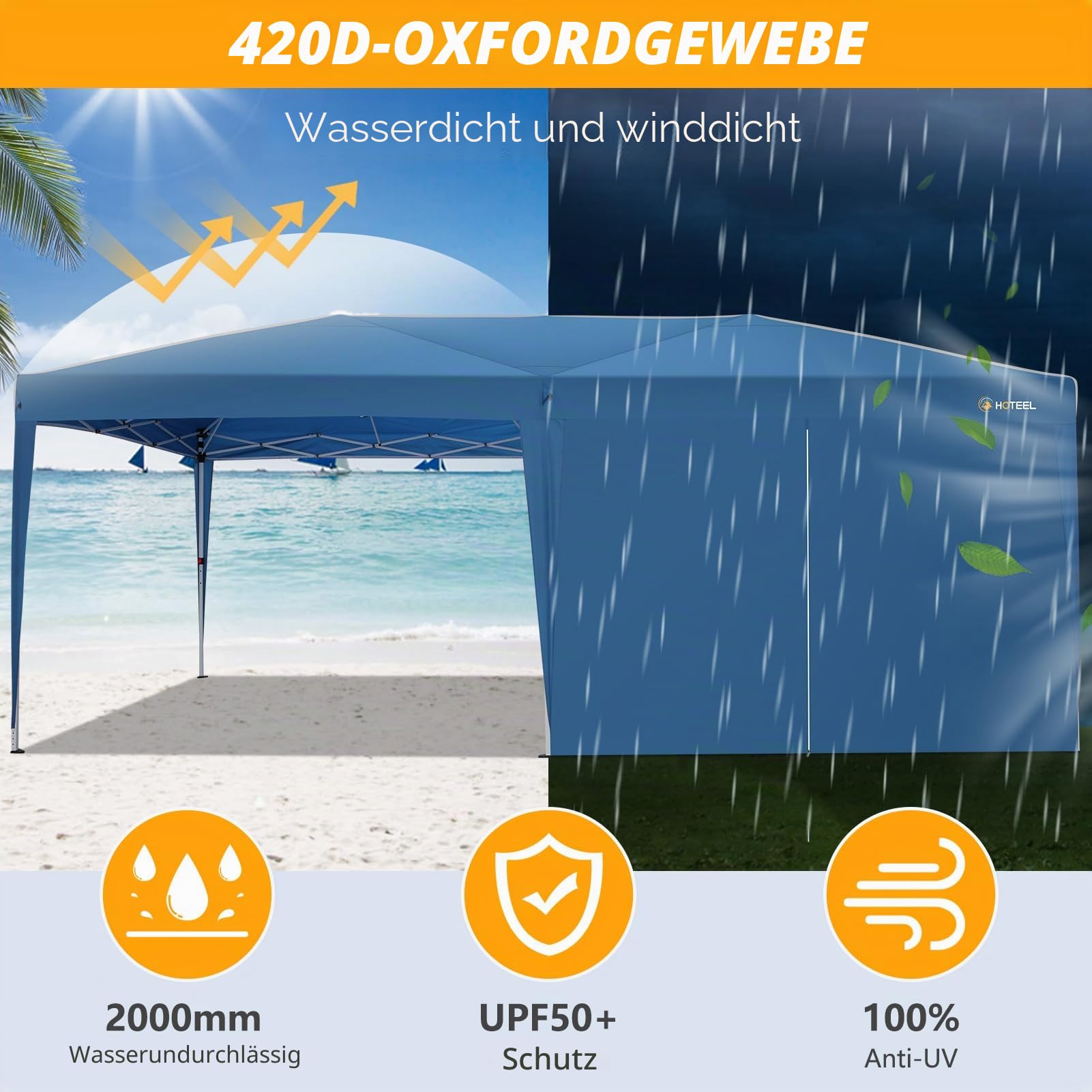 HOTEEL Pop-Up-Zelt mit Mittelschloss, 3 x 6 m, einfach aufzubauen, Baldachin mit 6 Seitenwänden, 4 Sandsäcken, wasserdichte Zelte für Partys, Hinterhof, Veranstaltungen, Himmelblau