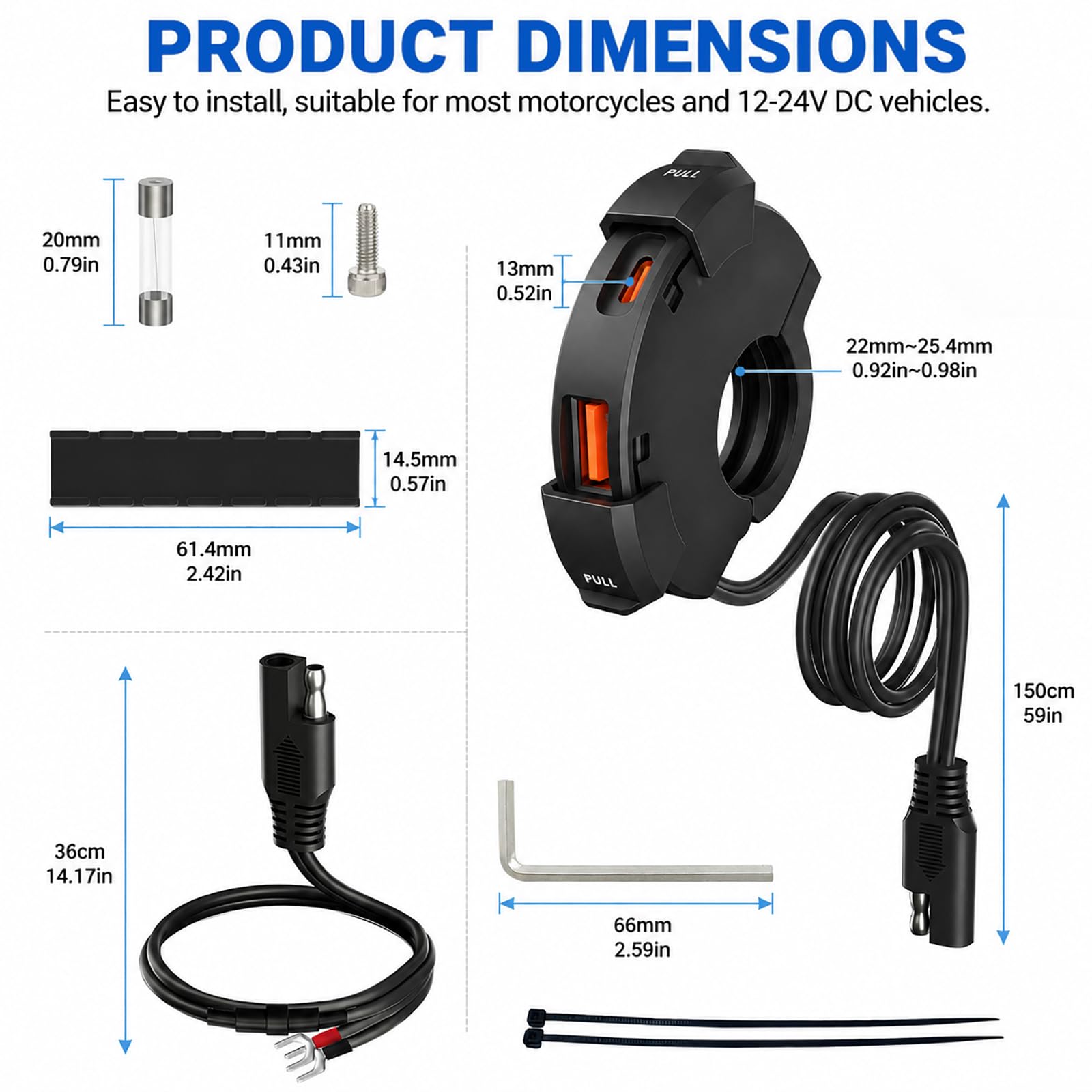 Caricatore USB per Moto 48W, 2 Porte (QC3.0 18W + PD3.0 30W), IP65, Presa USB-C 12-24V – Ricarica Rapida per Viaggi & Avventura/Quotidiano/Outdoor – Compatibile con Telefono/GPS/Fotocamera