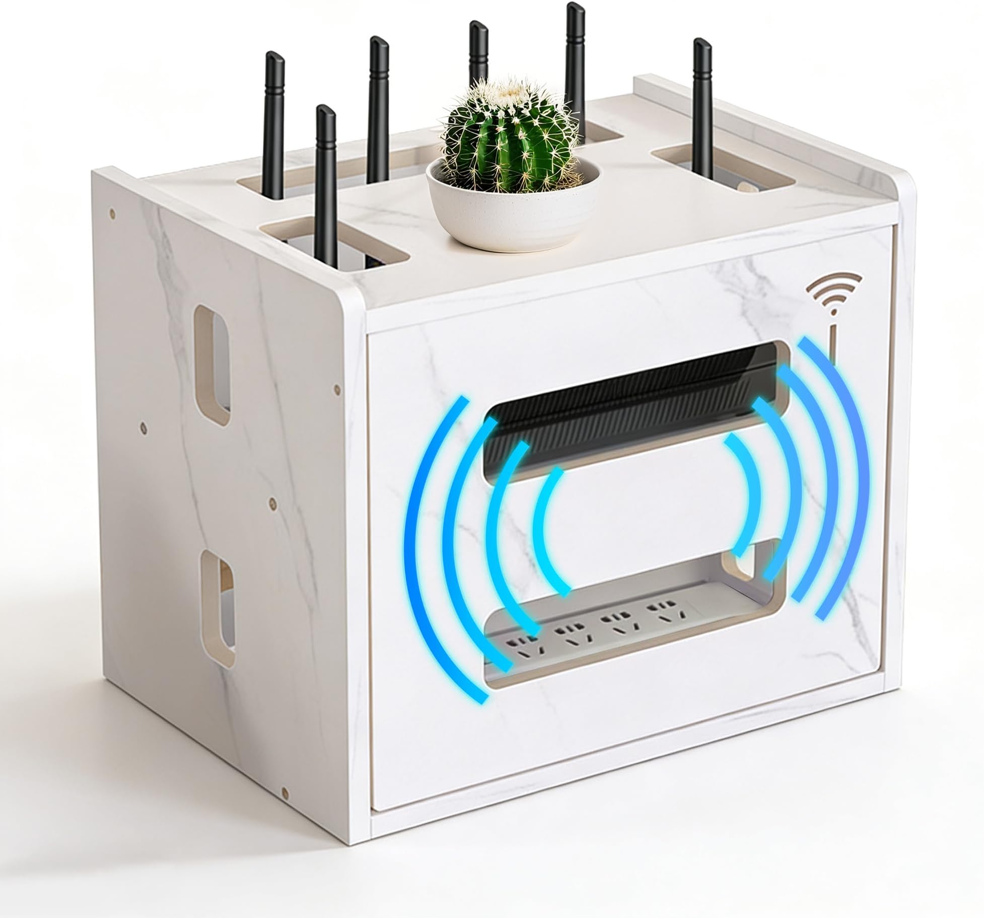 Router Shelf Wall Mount – WiFi Router Box Hider with Multiple Cable Holes, Router Storage Box for Modem & Power Strip, WiFi Box Hider for Neat Cable Management – White, 13.39"x10.12"x11.02"