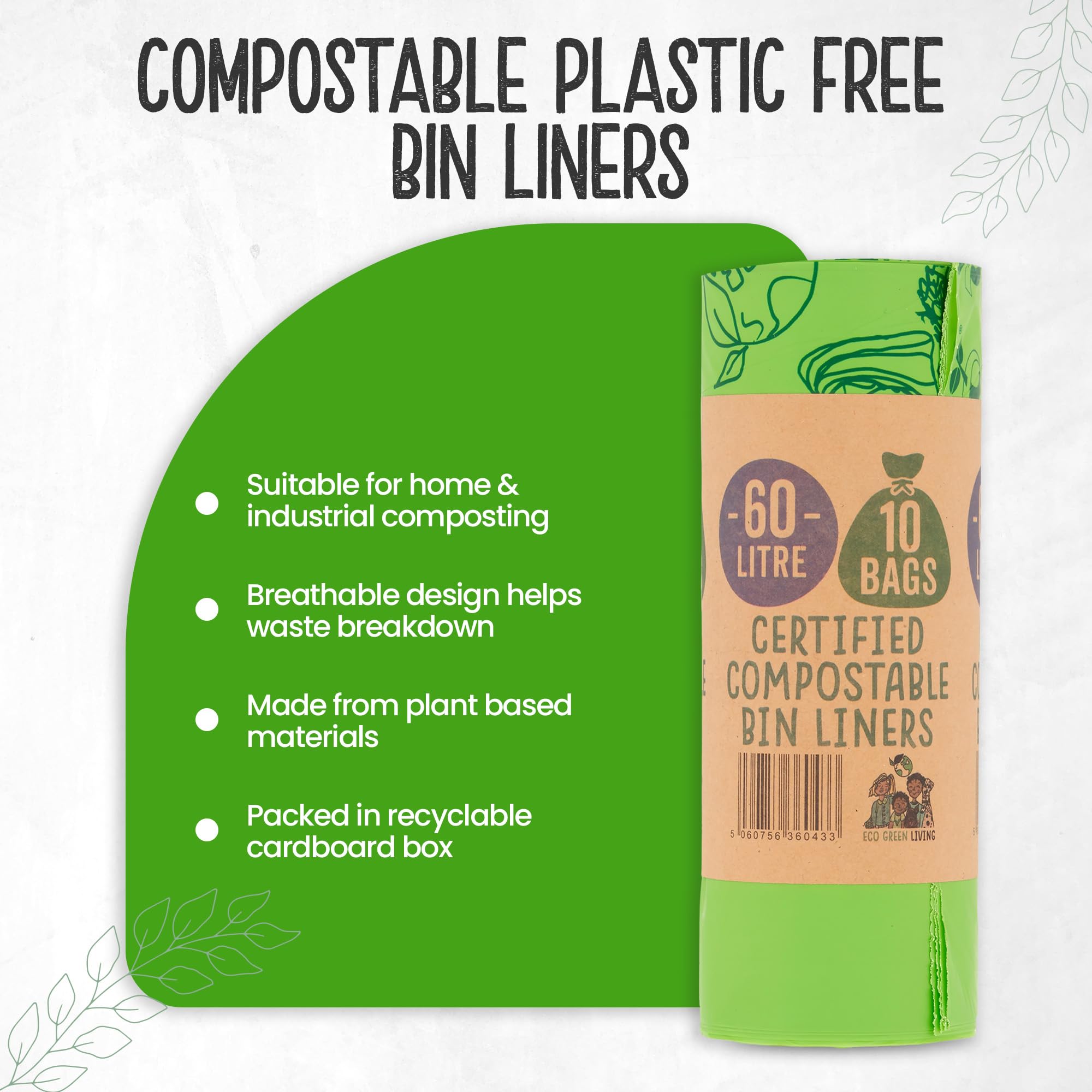 Eco Green Living Sacchi per la spazzatura biodegradabili e compostabili al 100%, 60 litri, per rifiuti alimentari, sacchi alti resistenti,a prova senza BPA, riciclabili, 6 rotoli, 60 sacchetti