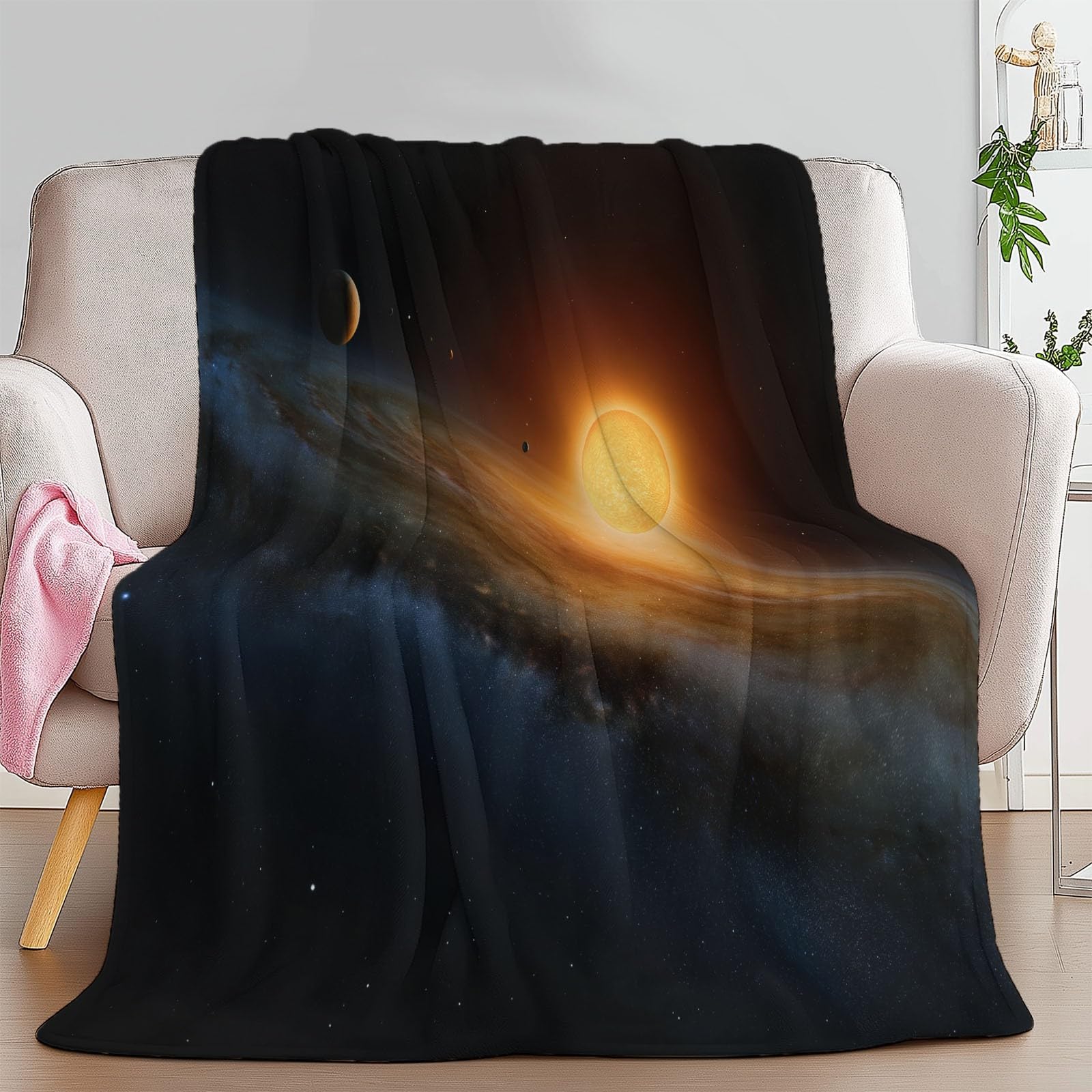 Ciepły flanelowy koc typu sherpa fantasy galaktyka i gwiazdy, 221 x 239 cm, miękki, przytulny, ciemnobrązowy, pluszowa, flanelowa, polarowa, 220 x 240 cm, dla dziewcząt, dzieci, dorosłych, na kanapę