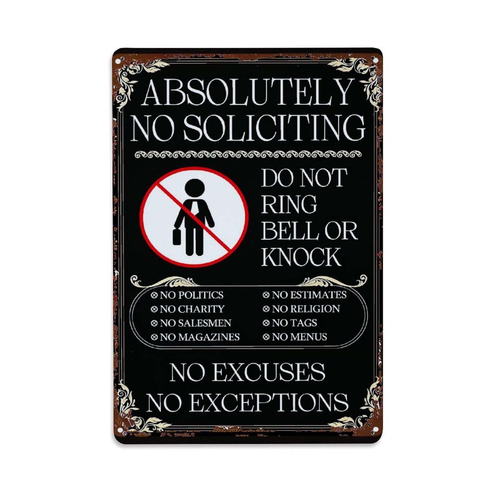 Absolutely No Soliciting Sign Retro Metal Tin Sign, Vintage Metal Poster for home, Gaming Room, Studio Workshop,Bar,Garage Wall Art Decor 8x12 Inch