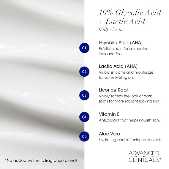 Advanced Clinicals 10% Glycolic Acid + Lactic Acid Body Lotion Moisturizer + AHA Glycolic Acid Face Serum 2pc Exfoliating Skincare Set To Reduce Look Of Uneven Rough Skin Texture, Fragrance Free, 2pc