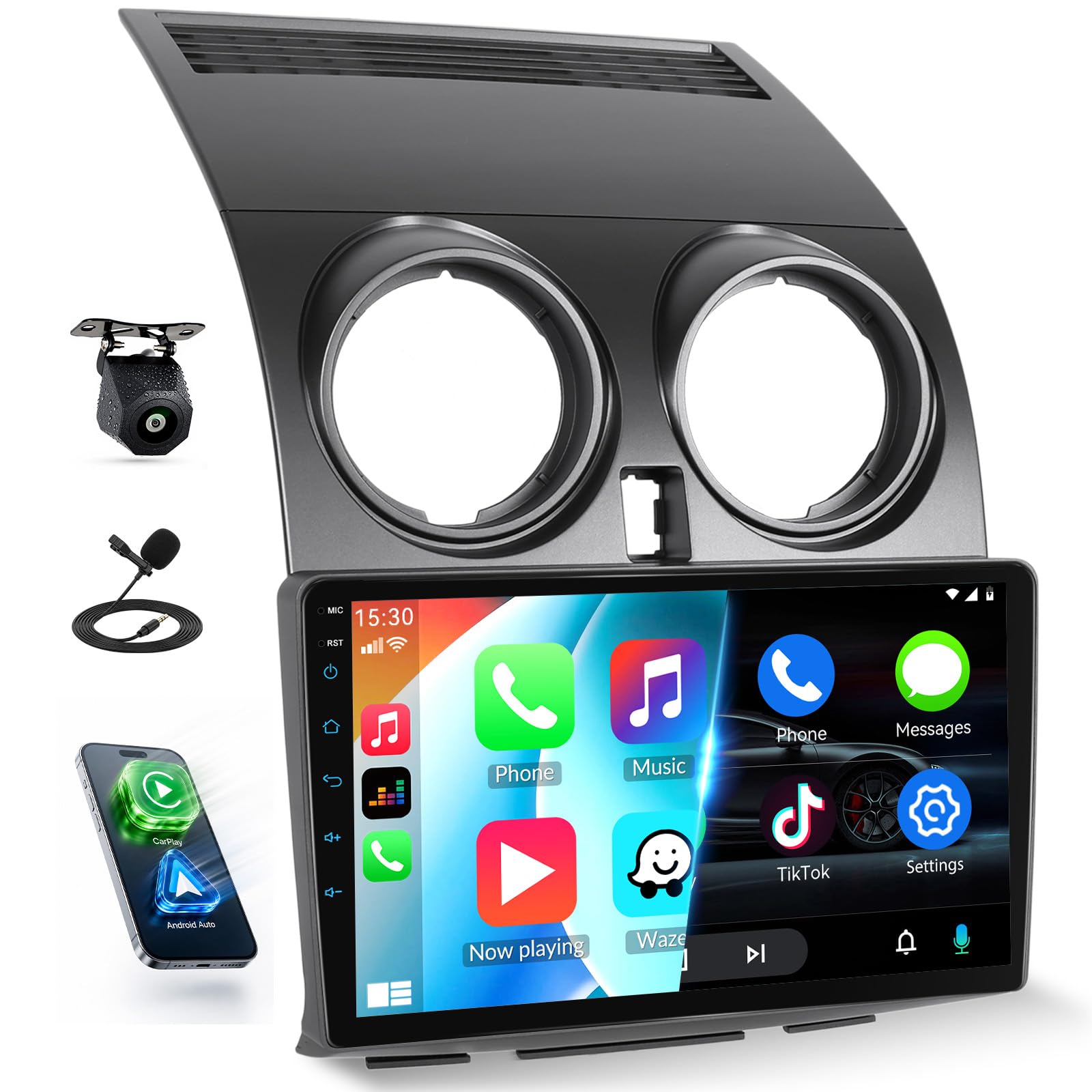 SIXWIN Autoradio Nissan Qashqai J10 2006-2016, Schermo Touch 9" IPS HD, Radio Auto con CarPlay senza Fili e Android Auto,Vi-Link, Bluetooth, FM RDS, DSP, USB,Supporto Volante e Telecamera(Grigio)