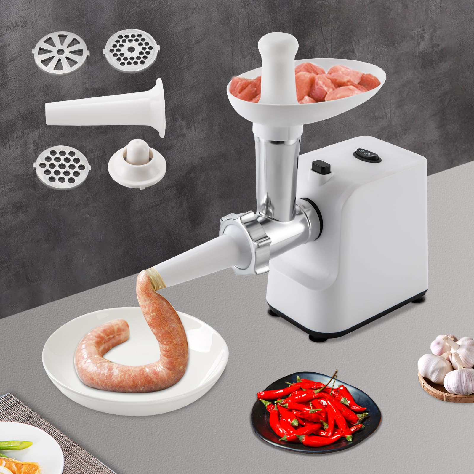 Compact Power Wurst Fleischwolf Elektrisch,Elektrischer Fleischwolf,Spritzgebäckvorsatz,Hackfleisch Maschine mid Edelstahl Schleifmesser,26 * 13 * 29.5 cm (Weiß)