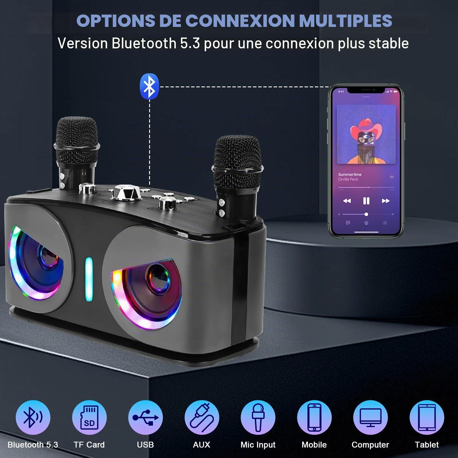 Machine de Karaoké avec 2 Microphones sans Fil, Hiboux Bluetooth Portable Karaoké Adulte, Micro sans Fil Karaoke avec Lumières Disco, Supporte TV/USB/AUX/TF/FM