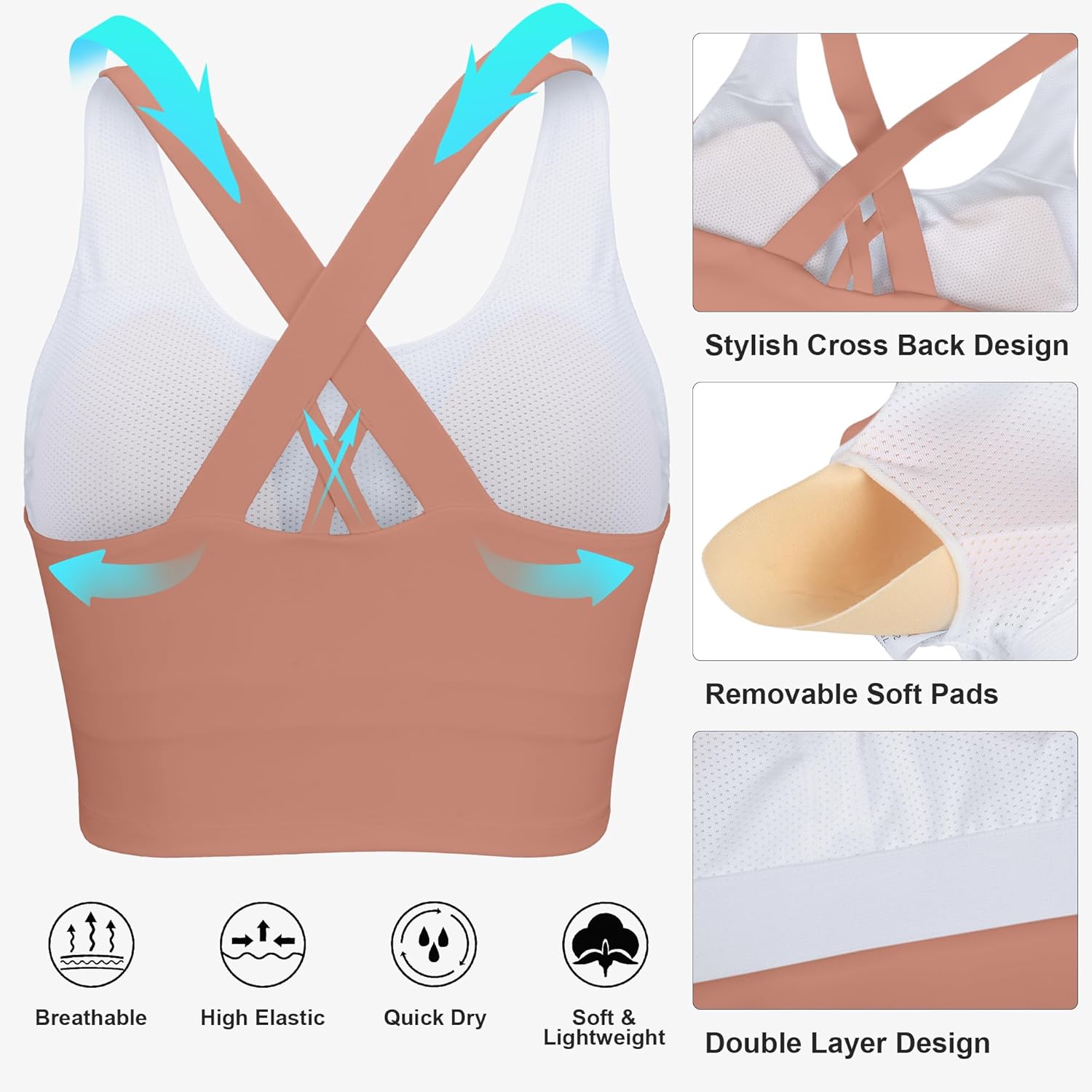 Hioffer Longline Sports Bra for Women Criss-Cross Back Padded Yoga Bras Medium Support Workout Tank Top with Removable Cups - Image 3