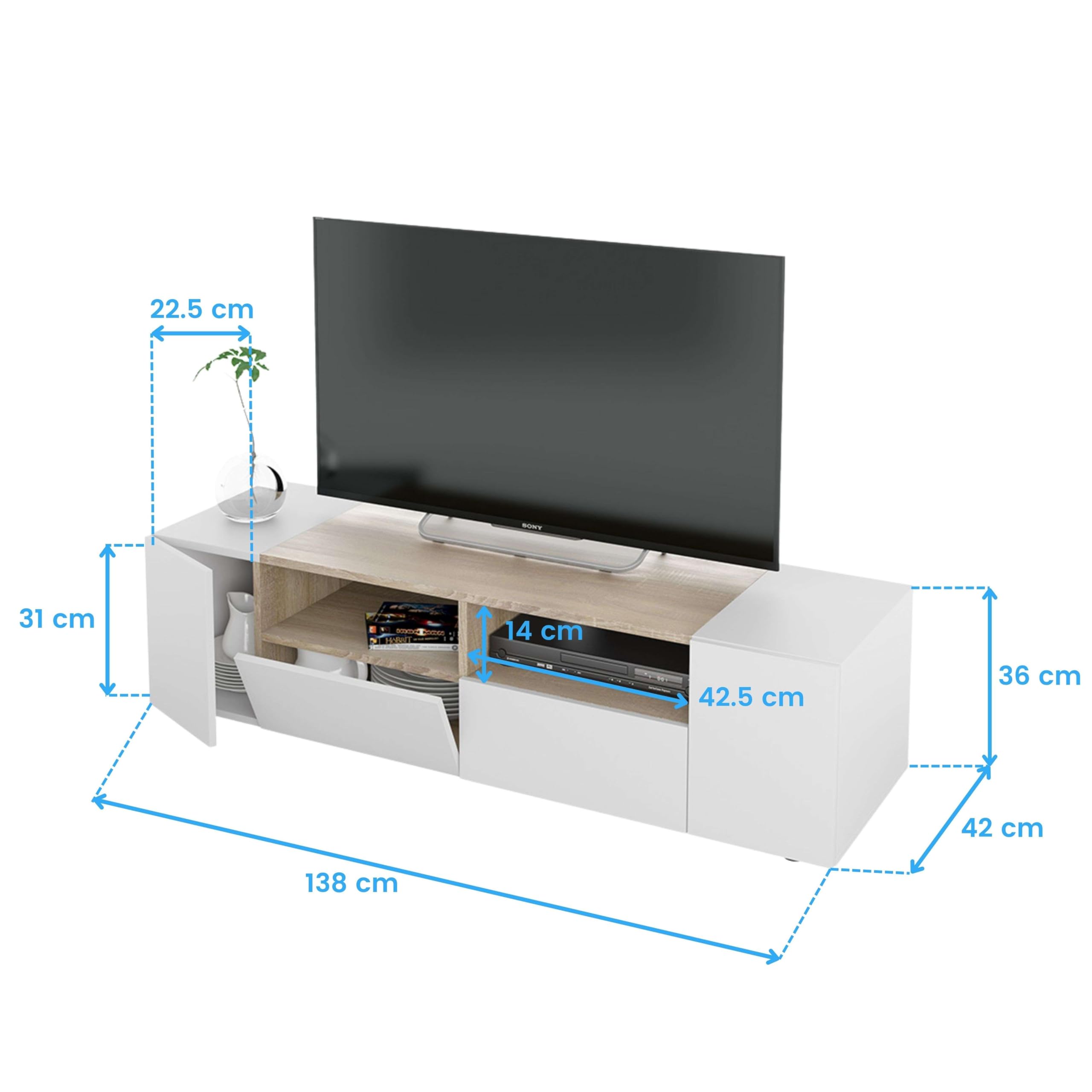 Habitdesign Modulo TV, Mueble de Salon, Juego de Muebles, Modelo Tamiko, Acabado en Blanco Artik y Roble Canadian, Medidas: 138 cm (Largo) x 42 cm (Fondo) x 36 cm (Alto)