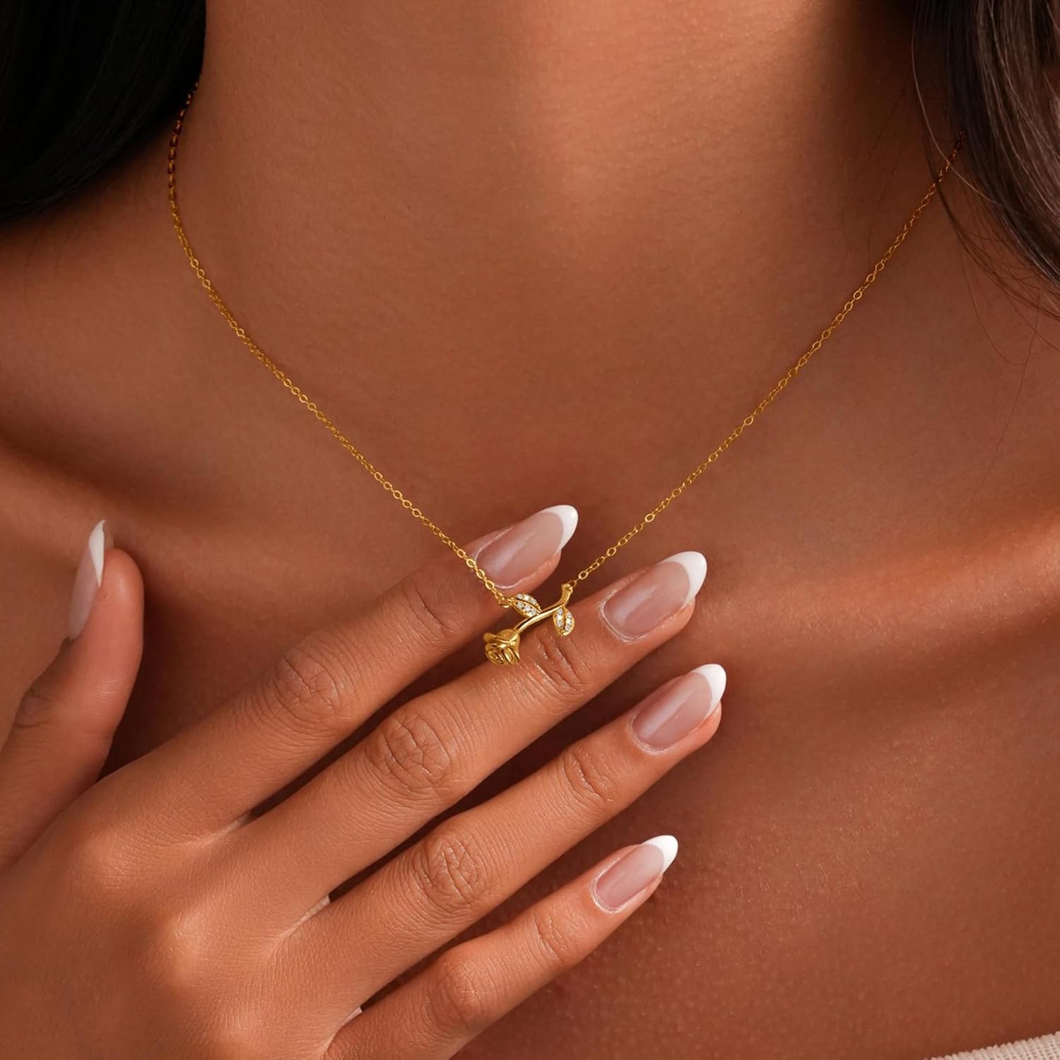 925 Sterling Silver Rose Flower Pendant Necklace for Women,14K Gold Plated Cubic Zirconia Rose Flower Necklaces for Mother Daughter Dainty Floral Chain Choker Necklace Jewelry Gift for Valentine's Day - Image 2