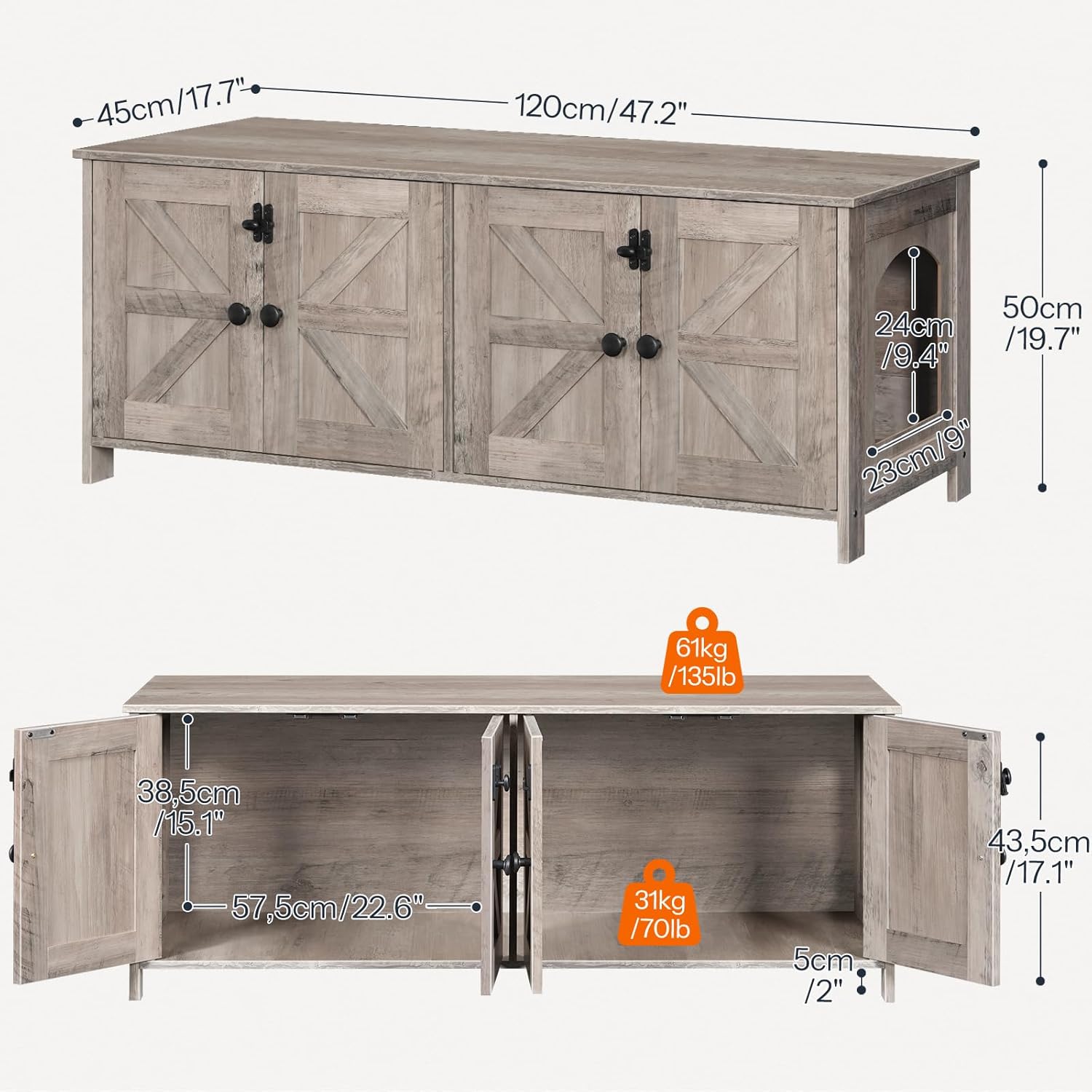 Greige Wooden Dual Room Cat Litter Box Enclosure