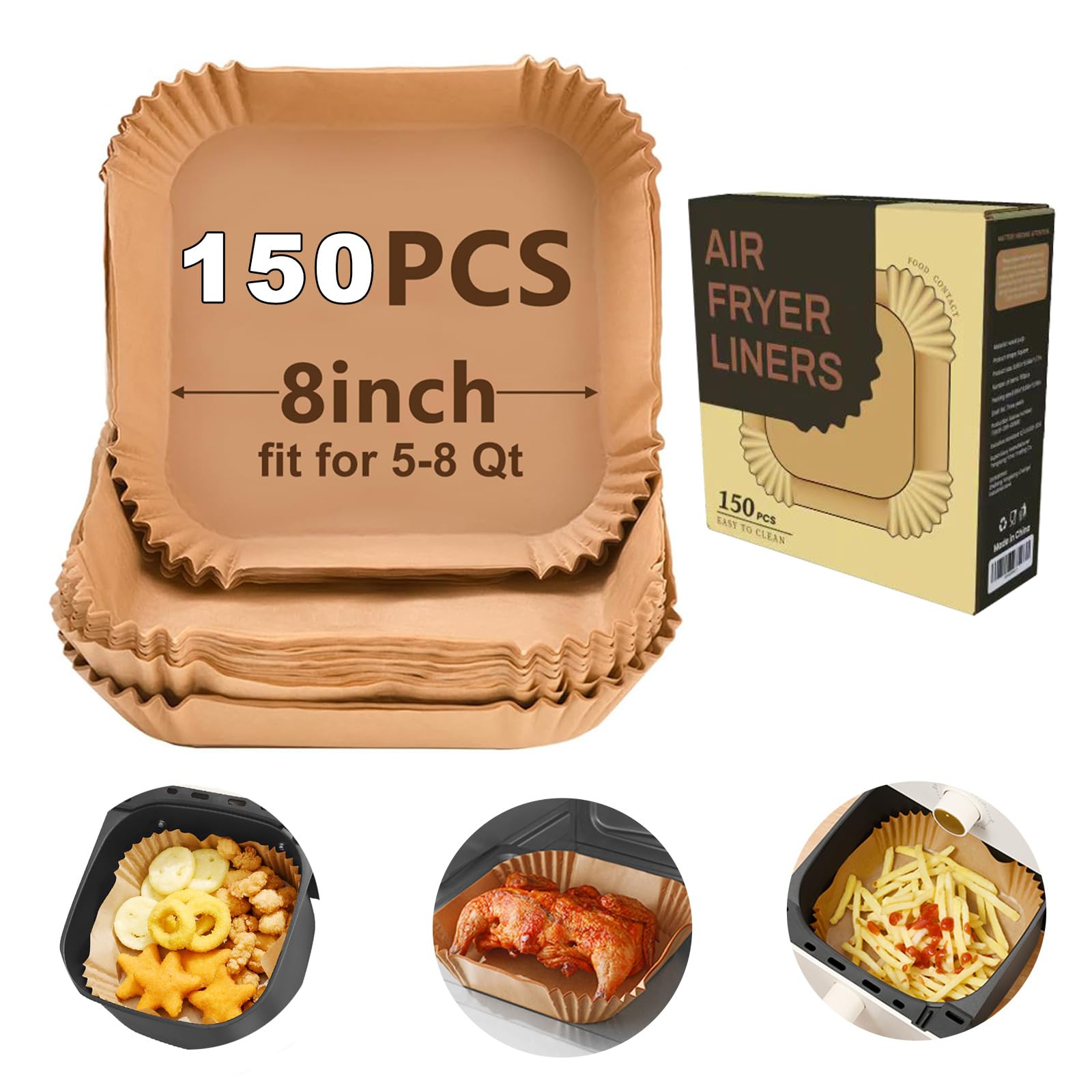 UMETRE 150-Piece 8-Inch Square Air Fryer Disposable Parchment Liners, Non-Stick & Bleach-Free