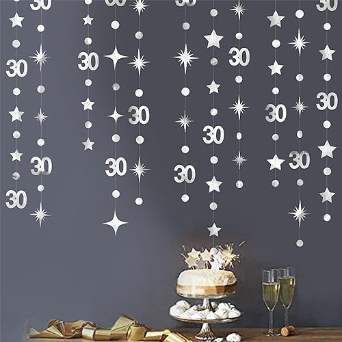Miniatura 30 de Decoraciones de cumpleaños número 30 color azul aguamarina, guirnalda de estrellas con círculos y lunares metálicos para colgar en banderines, telón