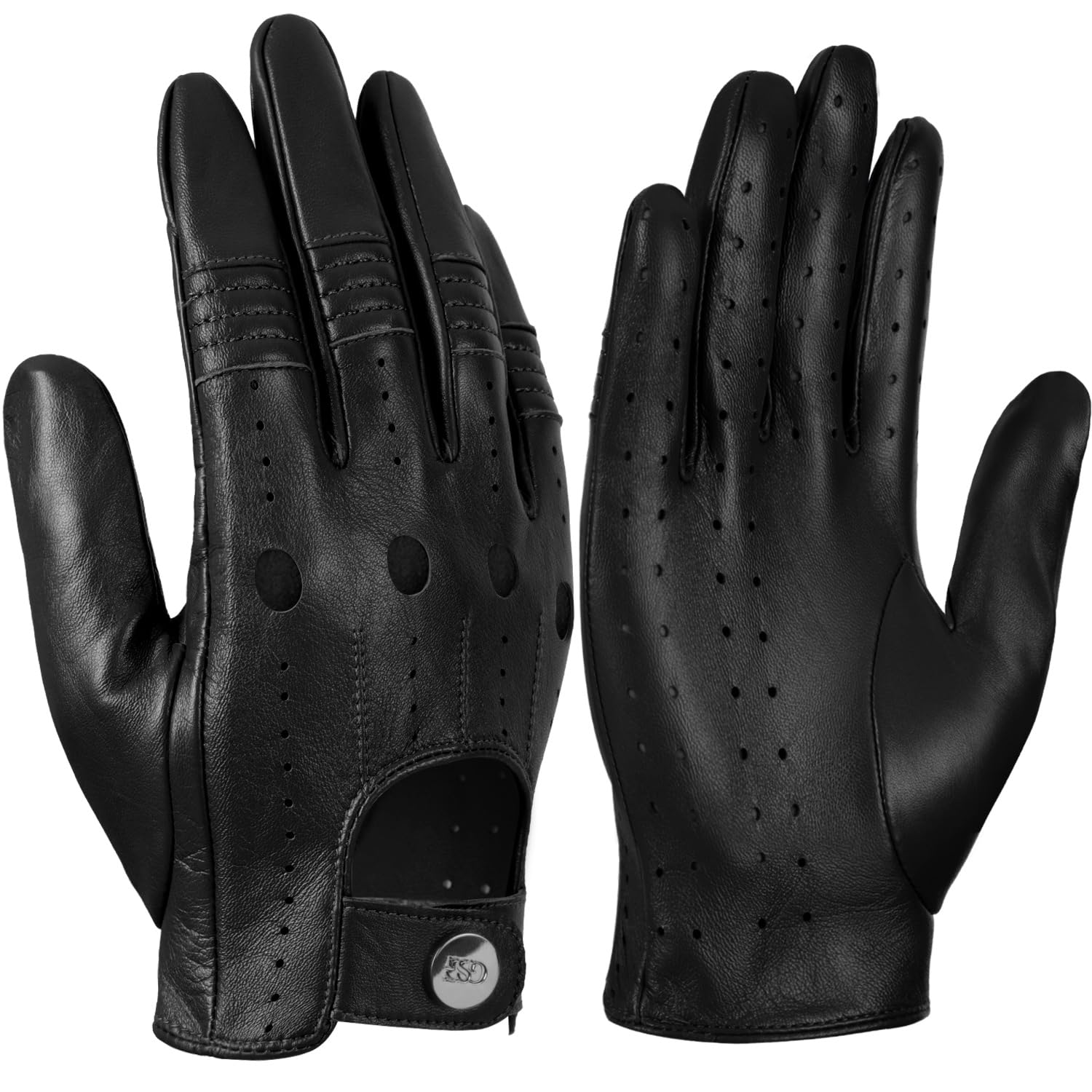 GSG SINCE 1998 Guanti Uomo Vera Pelle Guanti da Guida – Senza Fodera, Pelle di Pecora, Touchscreen, Design Traspirante con Fori, Chiusura a Bottone M210611