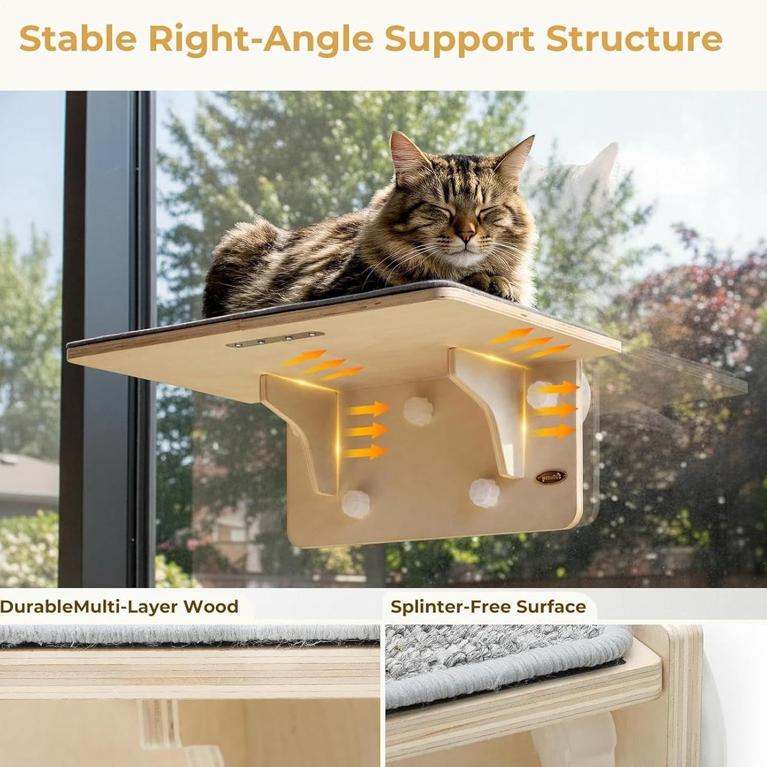 Cat Window Perch - Suction Cup Wooden Pet Rest Seat, Strong Feline Bed, Window Mounted Cradle | Apartment Farmhouse Living Room Bedroom Penthouse Attic Indoor Quiet Observation Area