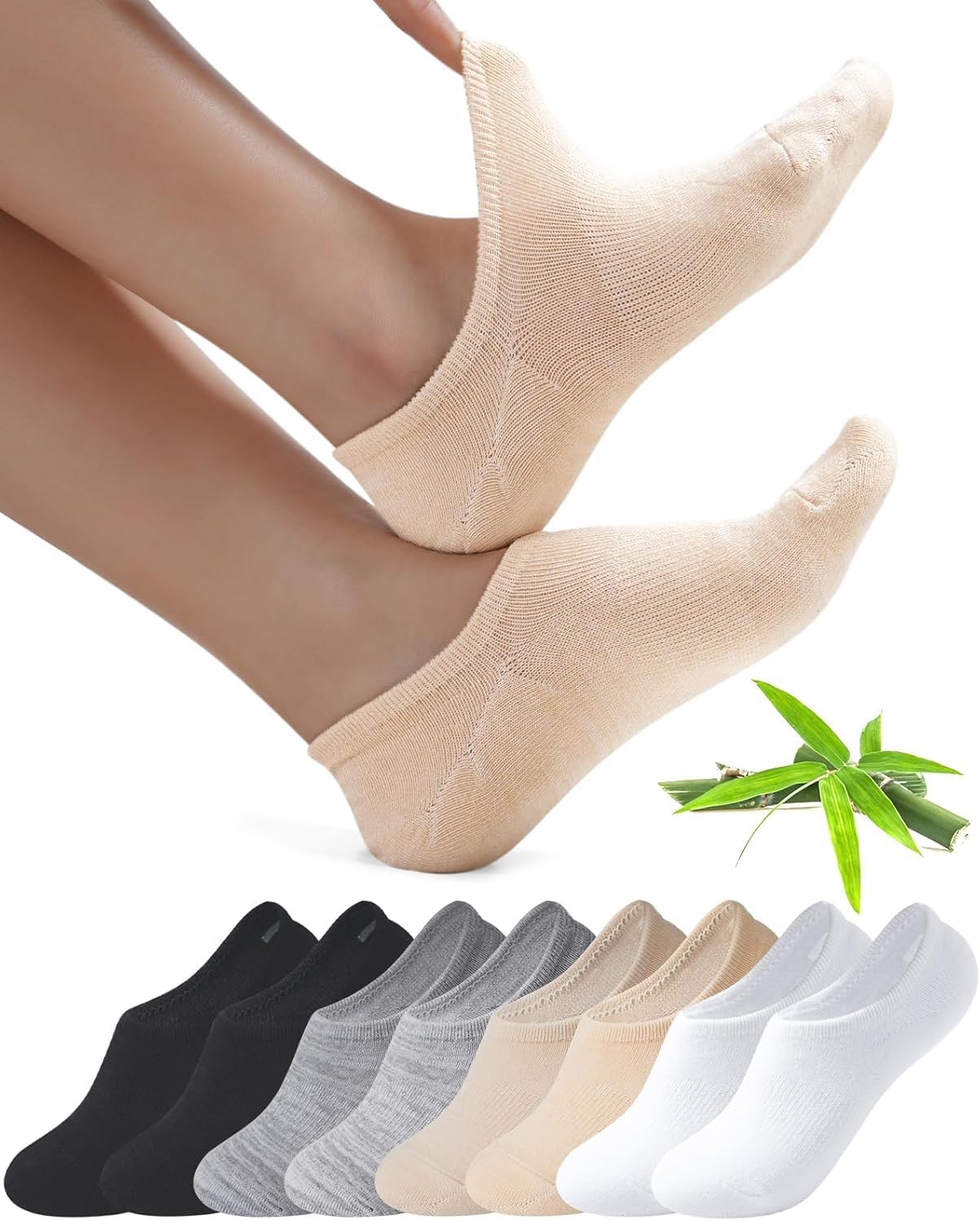Bamboo No Show Trainer Socks for Womens and Men - 8 Pairs Non Slip Low Cut Ankle Socks Sneaker Invisible Footies Loafers Casual Boat Shoes
