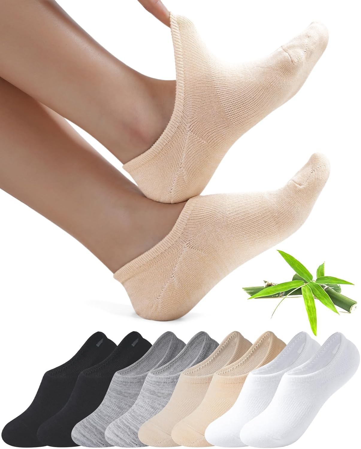 Bamboo No Show Trainer Socks for Womens and Men - 8 Pairs Non Slip Low Cut Ankle Socks Sneaker Invisible Footies Loafers Casual Boat Shoes