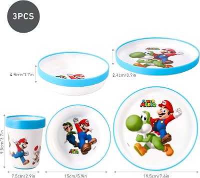 Super Mario 3pcs Reusable Bicolor Premium Kids Dinner Tableware Set Plate, Bowl & Tumbler, BPA Free
