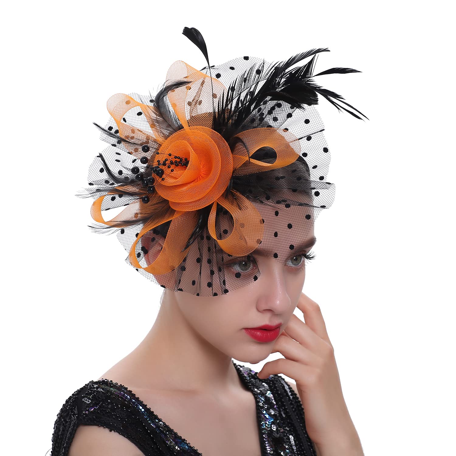 Black Orange Halloween Fascinator Headband Tea Party Veil 