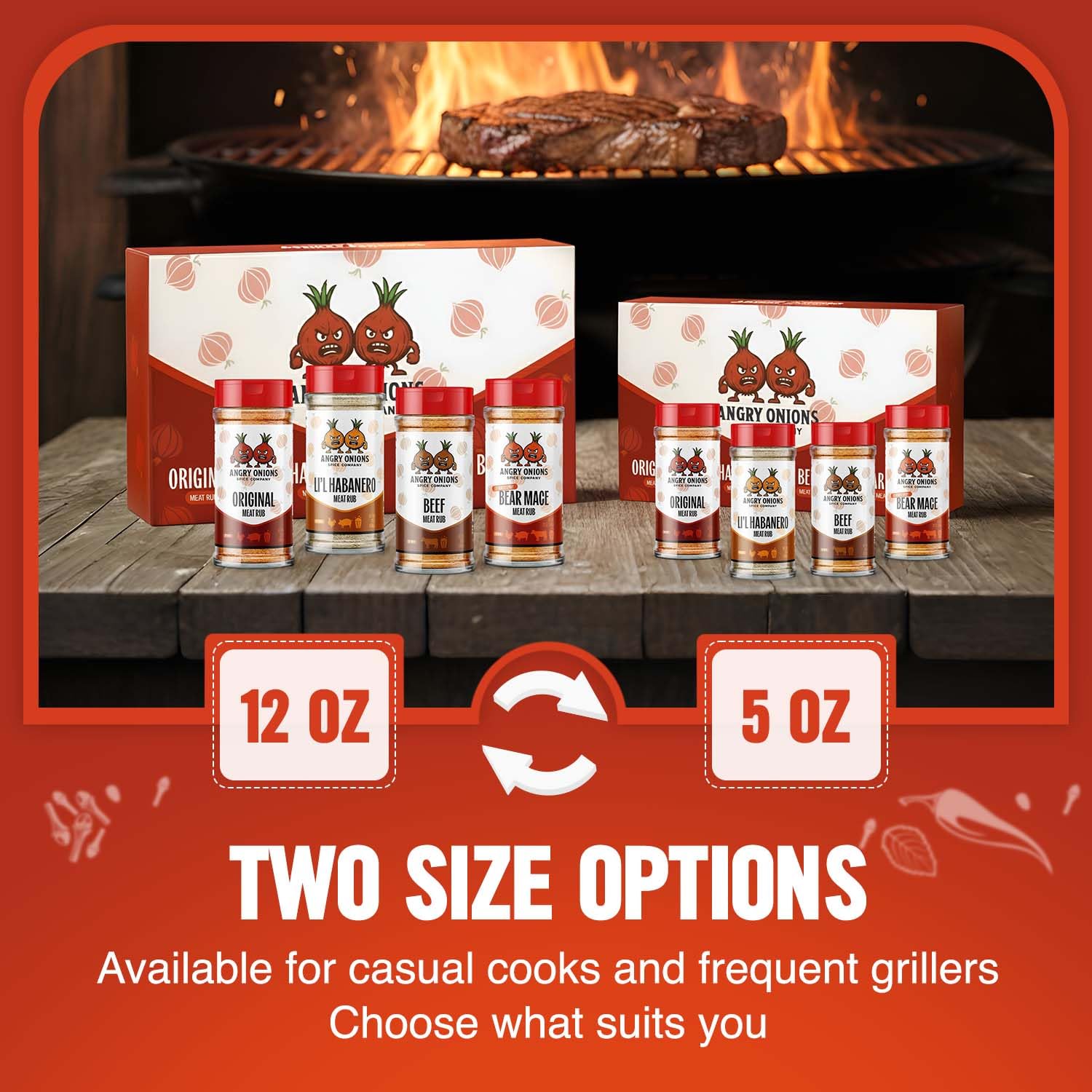 Angry Onions BBQ Seasoning and BBQ Rub gift set for Chicken, Steak, Turkey, Beef, Pork, 4 Flavor Seasoning Set Original, Lil Habanero, Beef, Bear Mace, unique gifts for men, Grilling Accessories, 5 oz