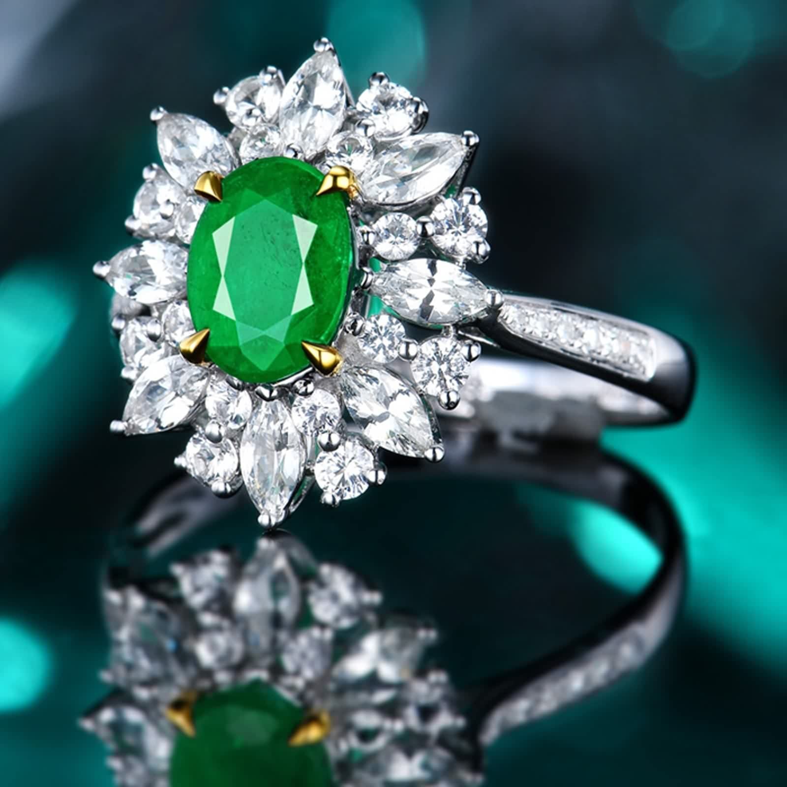 Alianzas Boda Plata, Anillos Mujer Bisuteria Óvalo de 4 Garras con Incrustaciones de Forma de Flor Esmeralda Creada En Laboratorio