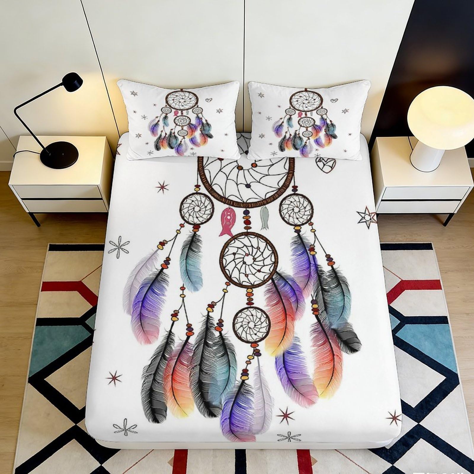 3D Printed Dreamcatcher Fitted Sheet Microfiber Soft Colorful Feathers Bed Cover for Bedroom Guest Room Decor 140x200x25cm