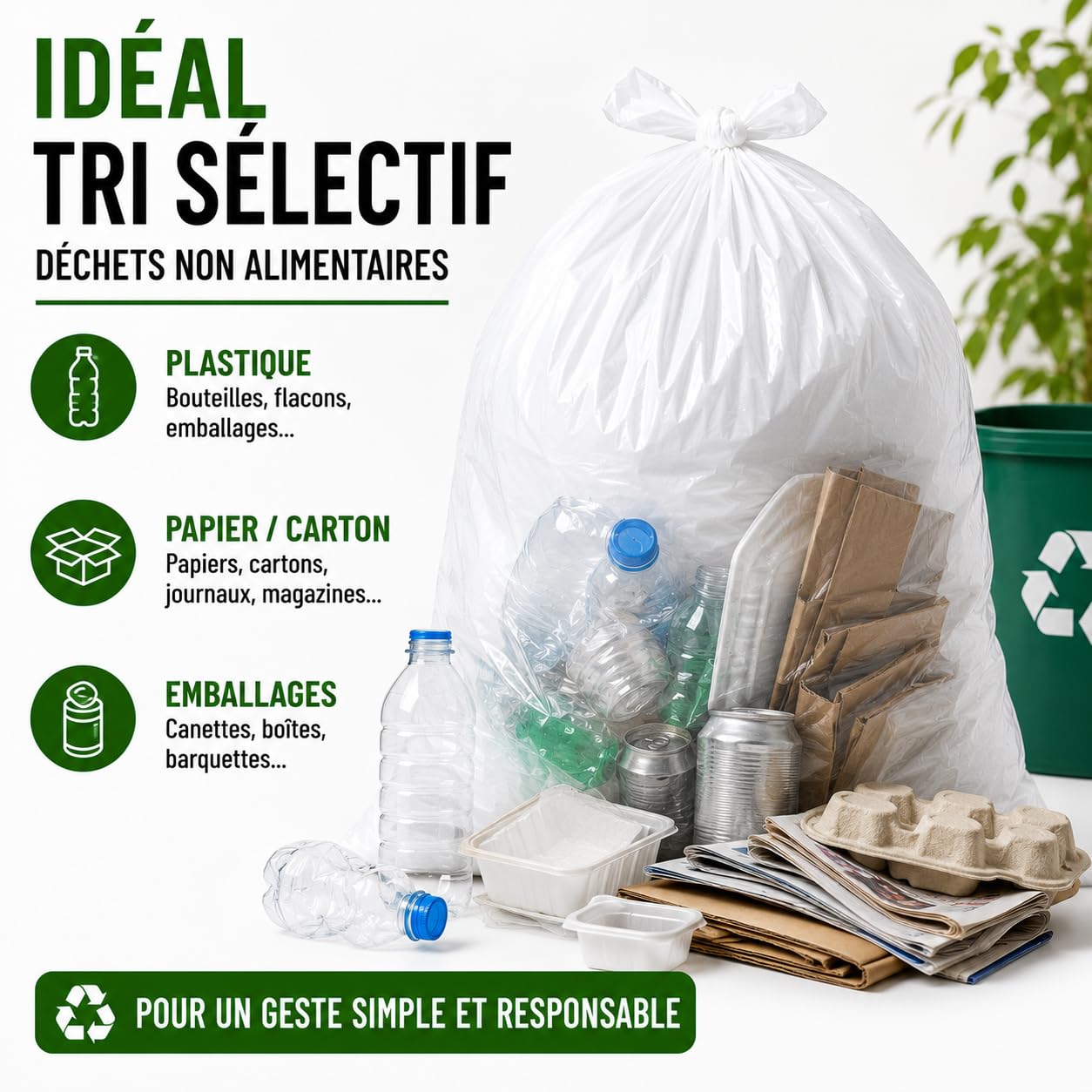 Bolsa de basura blanca 100 l | 50 bolsas de basura de 100 litros (2 rollos de 25 bolsas) | Muy resistente (30 µ) e impermeable | Residuos no alimentarios | Cierre de enlace para atar | Clasificación