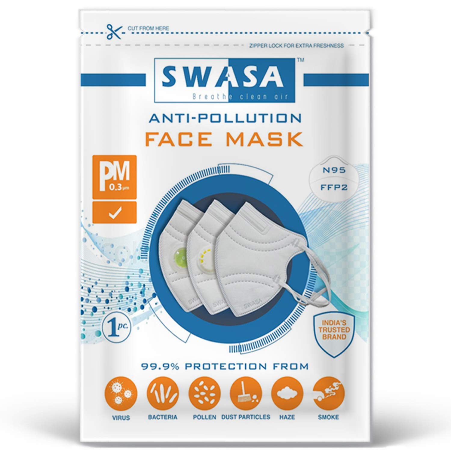 SWASA FFP2 Certified Respirator (White, N95 Filter, Pack of 1)