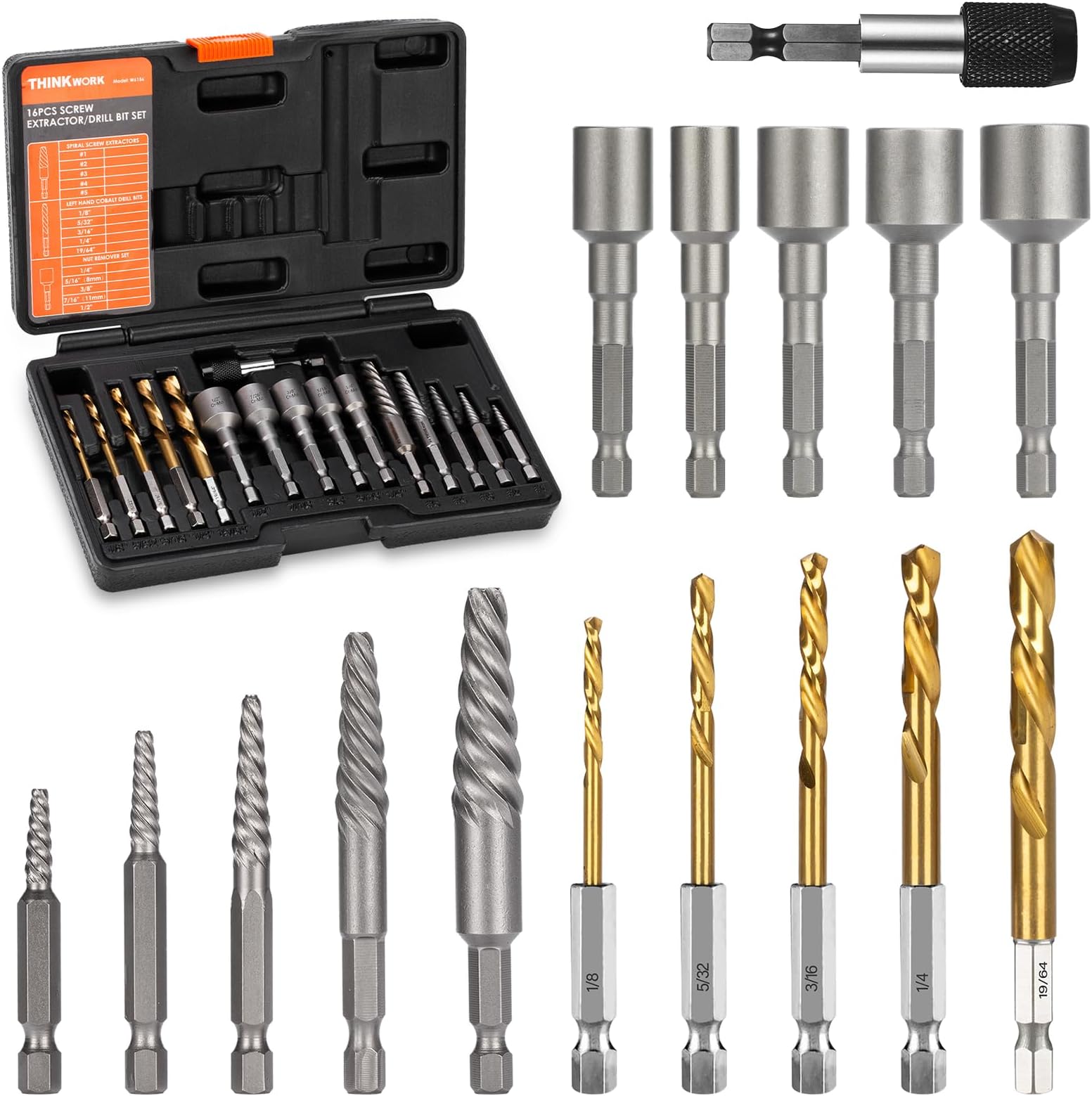 THINKWORK 16pcs Screw Extractor, Spiral Bolt Extractor Kit, Easy Out Left Hand Drill Bit Set, HSS Steel Cobalt Reverse Drill Bits for Stripped, Broken, Rusted, Rounded Screws, Bolts, Nuts, Fasteners