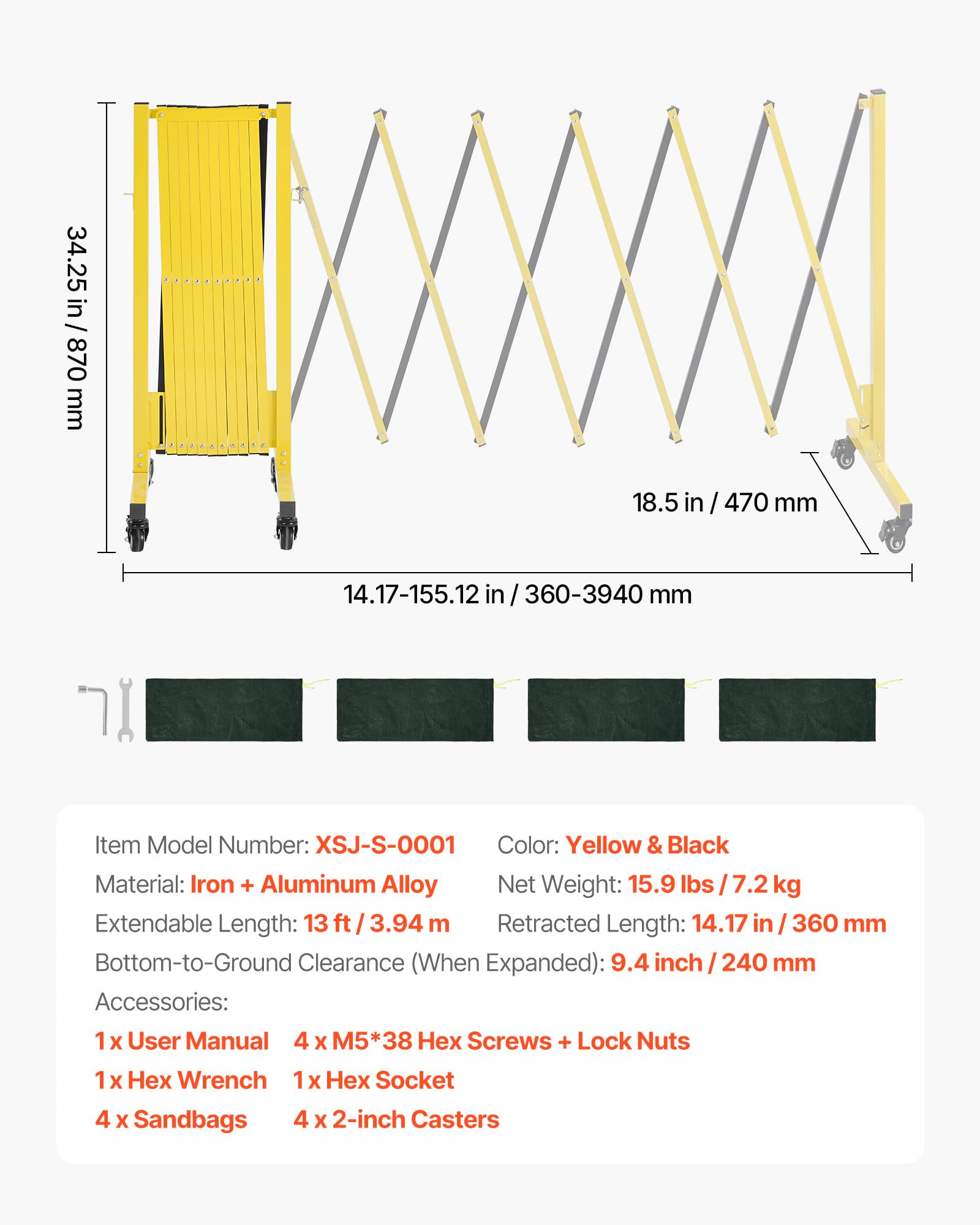 VEVOR Barricada Extensible de 3,94 m, Barrera de Seguridad Plegable con Rueda y Freno, Valla Metálica Portátil de Aleación de Aluminio, para Obra Construcción Control de Espacios, Color Negro Amarillo