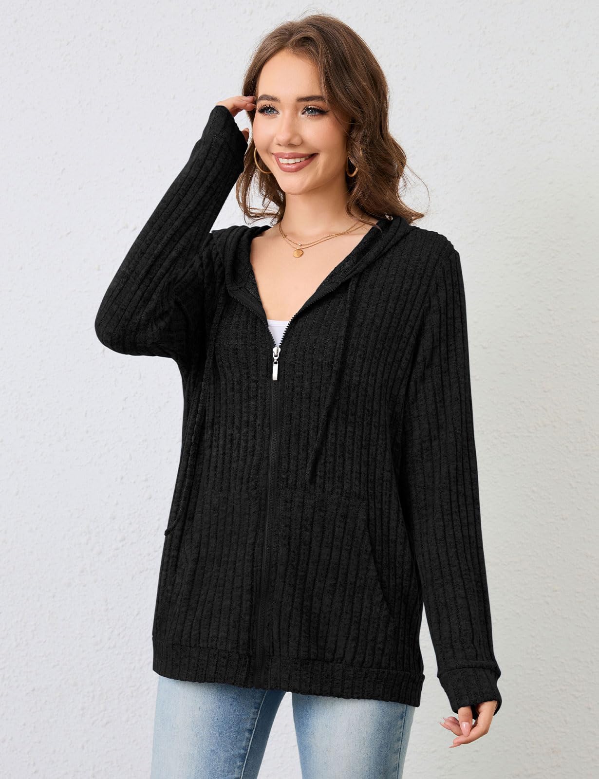 Flikity Cardigan da donna con zip e cappuccio con grandi tasche a maniche lunghe tunica top da donna giacche leggere casual abbigliamento da lavoro M-XXL