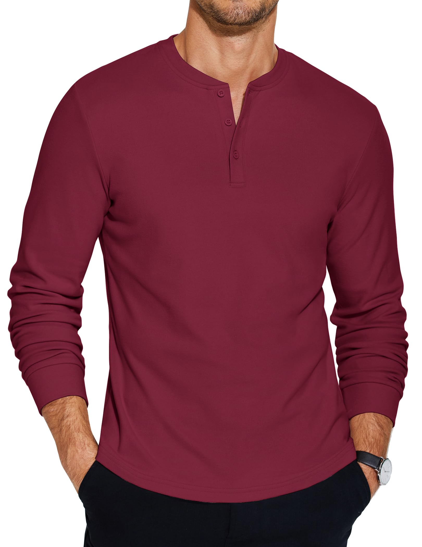 COOFANDY Henley-T-Shirt für Herren, langärmelig, lässig, kragenlos, Viertelknopf-Pullover