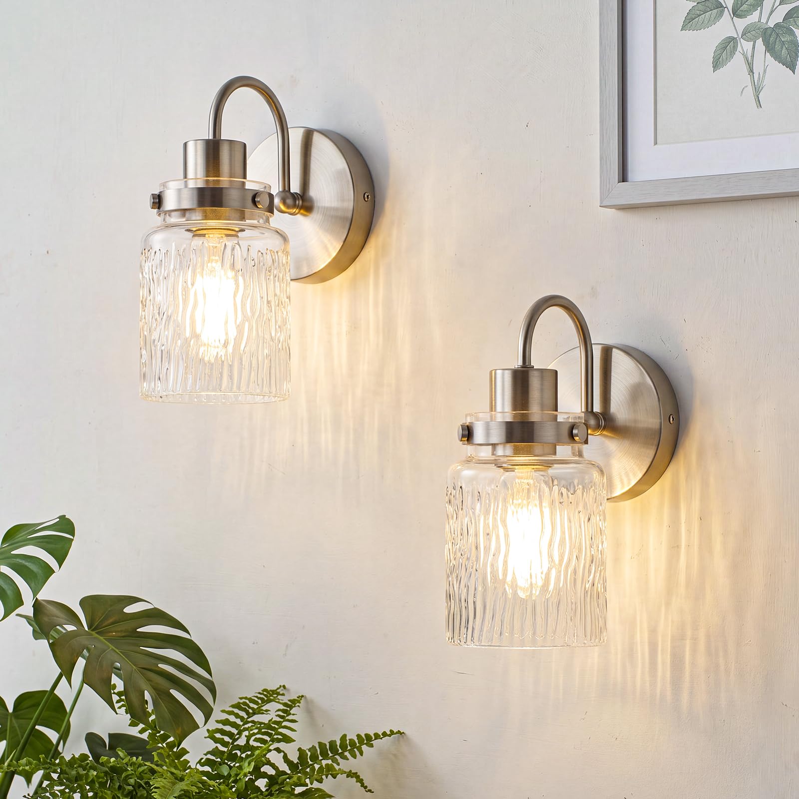 2 Pack Hammered Glass Wall Sconces Set of Two,Brushed Nickel