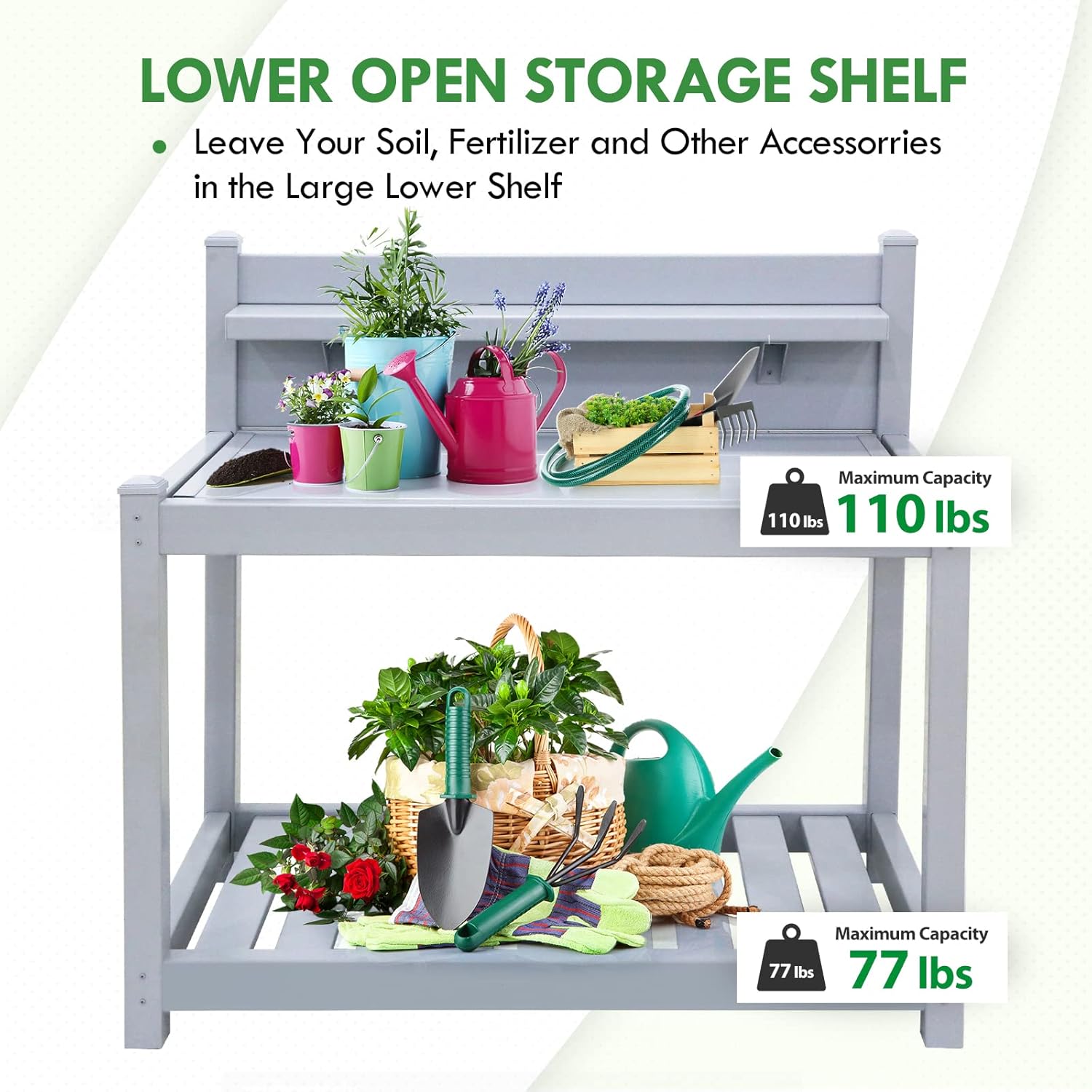EAGLE PEAK Potting Bench, Weatherproof Vinyl Potting Table for Outdoor & Indoor Use, Easy Clean Garden Workstation with Storage Shelves, Gray, 40"
