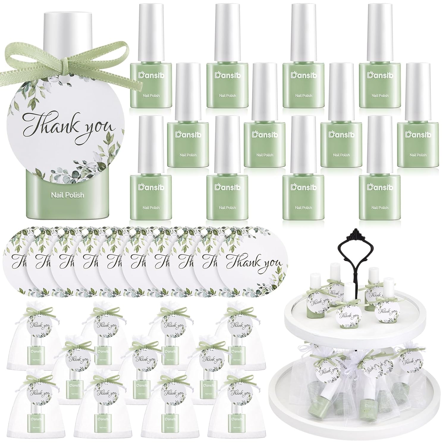 48 Set Sage Green Mini Nail Polish Bulk Baby Shower Party Supplies for Guests with Greenery Cards and Organza Bags Quick Dry for Baby Shower Return Gifts Bridal Wedding Party Souvenir