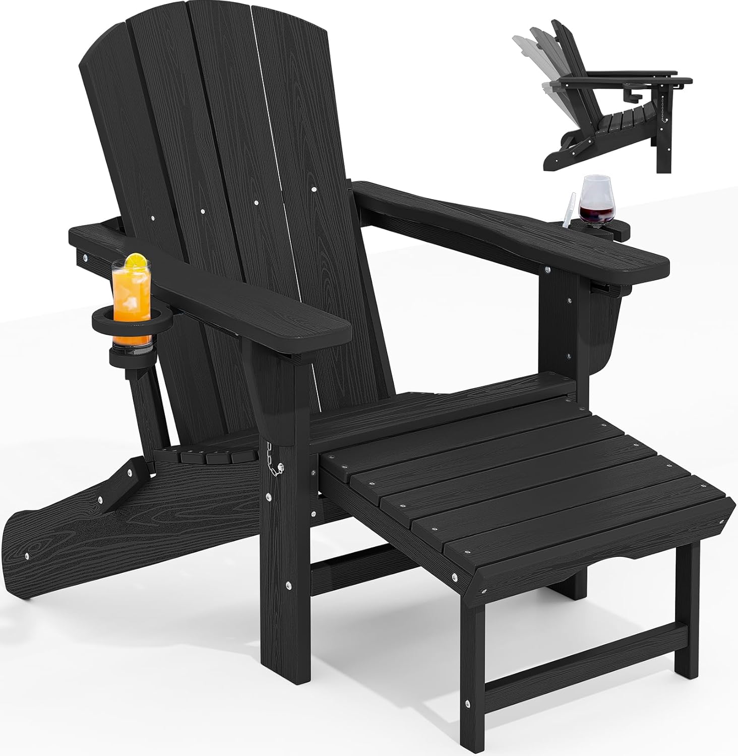 KINGYES Folding Adjustable Adirondack Chair with Retractable Ottoman, HDPE Reclining Adirondack Chair with Cup Holder, Black 1 pc-Dual Cup Holders Black