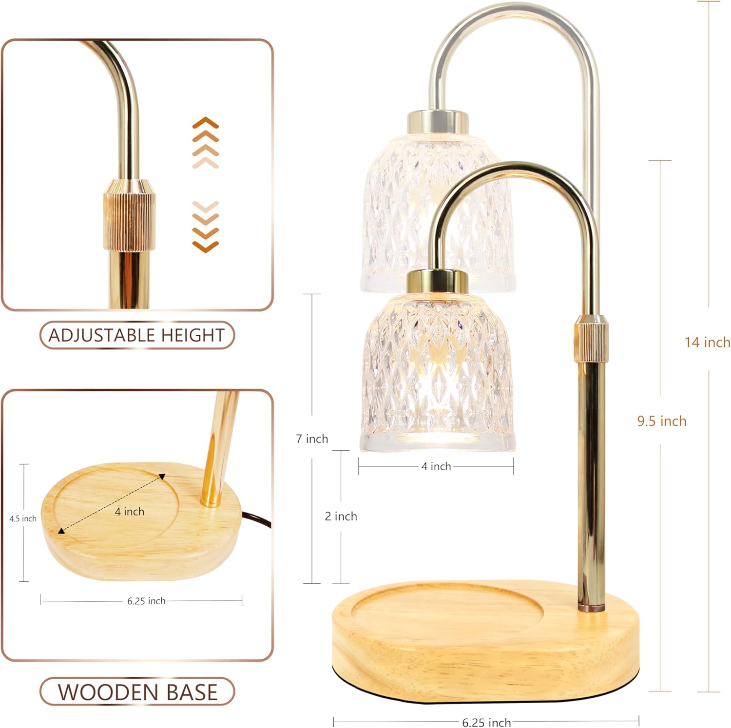 SIMON'S SHOP Gold Candle Warmer Lamp with Timer Dimmer and 2 Bulbs, Adjustable Height Wax Melt Lamps for Scented Jar Candles, New Home Housewarming Gifts, Bedroom Living Room Nightstand Décor