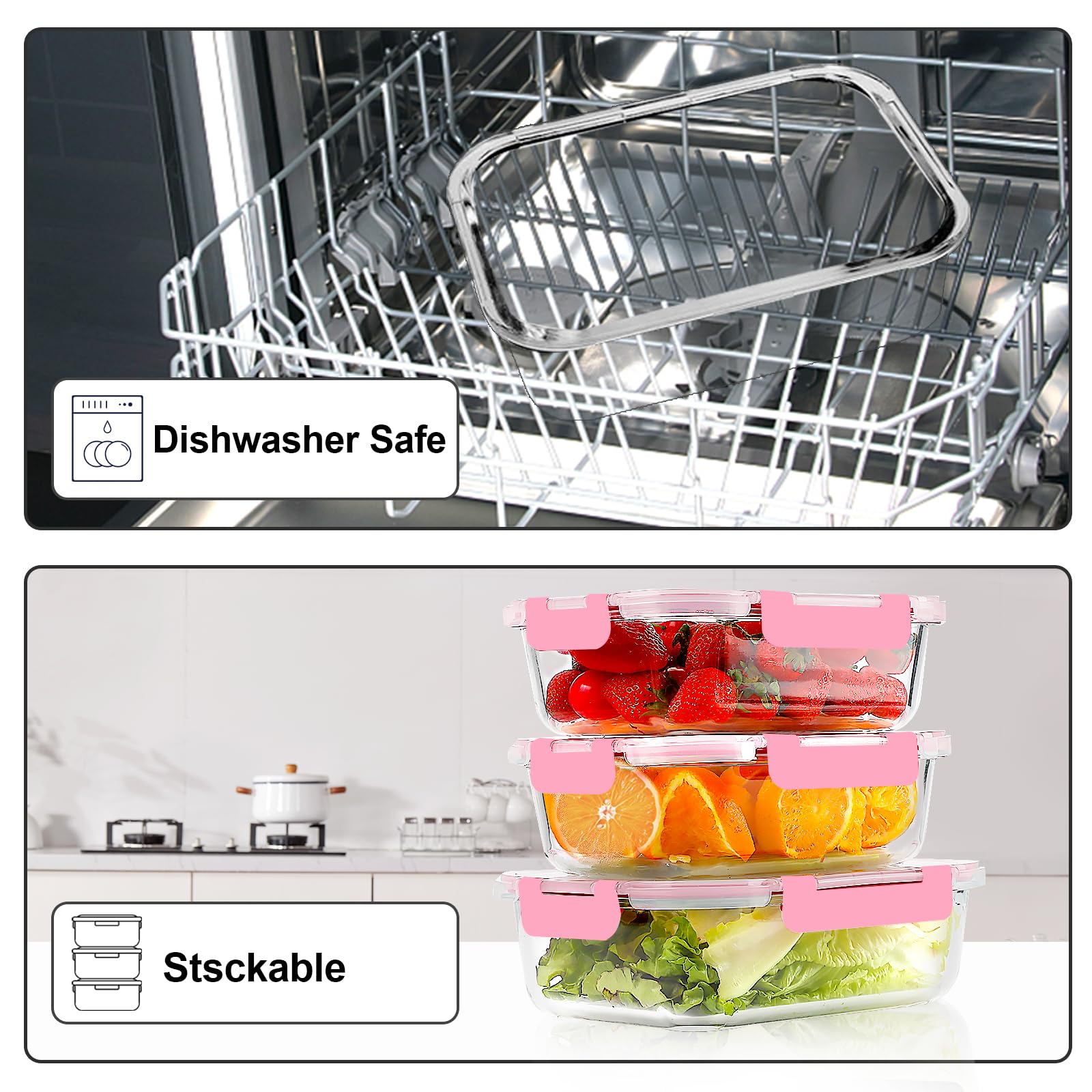 VERONES 10 Pack Glass Meal Prep Containers, Airtight Glass Lunch Containers, Stackable Glass Food Storage Containers Set with Lids,BPA-Free, for Microwave, Oven, Freezer & Dishwasher Friendly, Pink