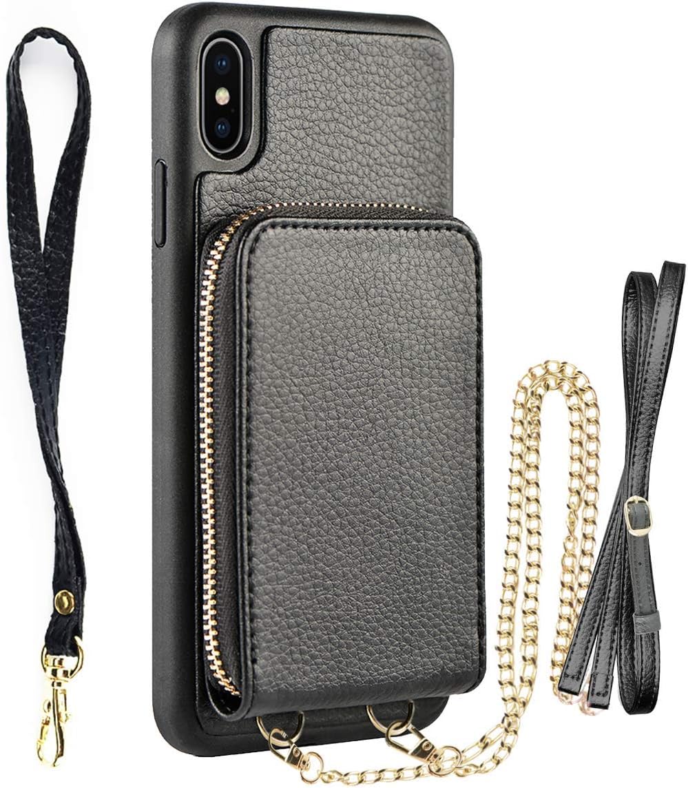 iPhone Xs Max Wallet Case, JLFCH iPhone Xs Max Case with Card Slot Holder Zipper Detachable Wrist Strap Crossbody Chain Purse for iPhone Xs Max 6.5 inch - Black