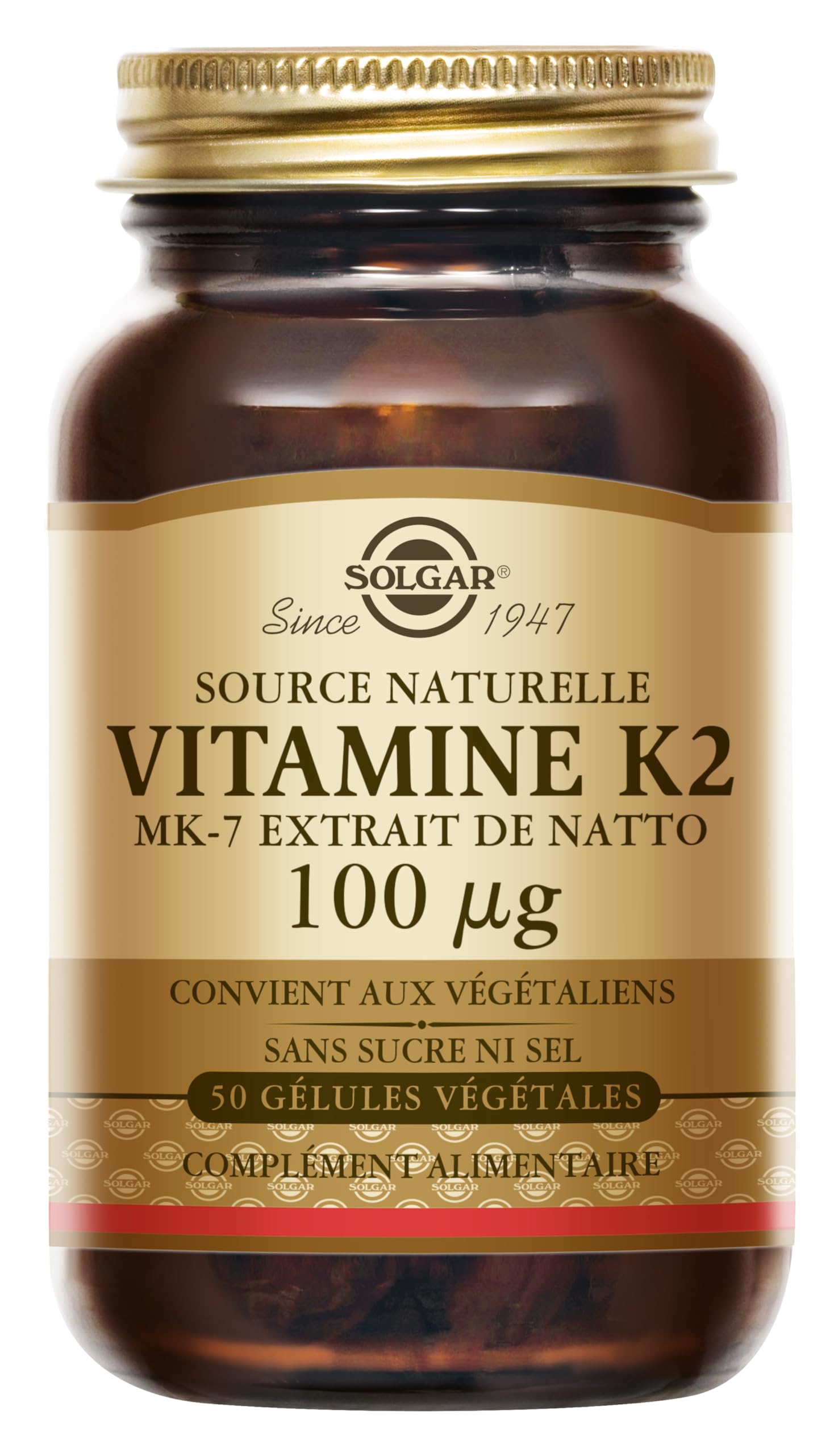 Solgar Vitamine K2 MK‑7 100 µg - Maintien de l’Ossature - MK-7 Forme Efficace de Vitamine K - Hautement Assimilable - Santé Osseuse - Complément Alimentaire - Flacon de 50 gélules végétales