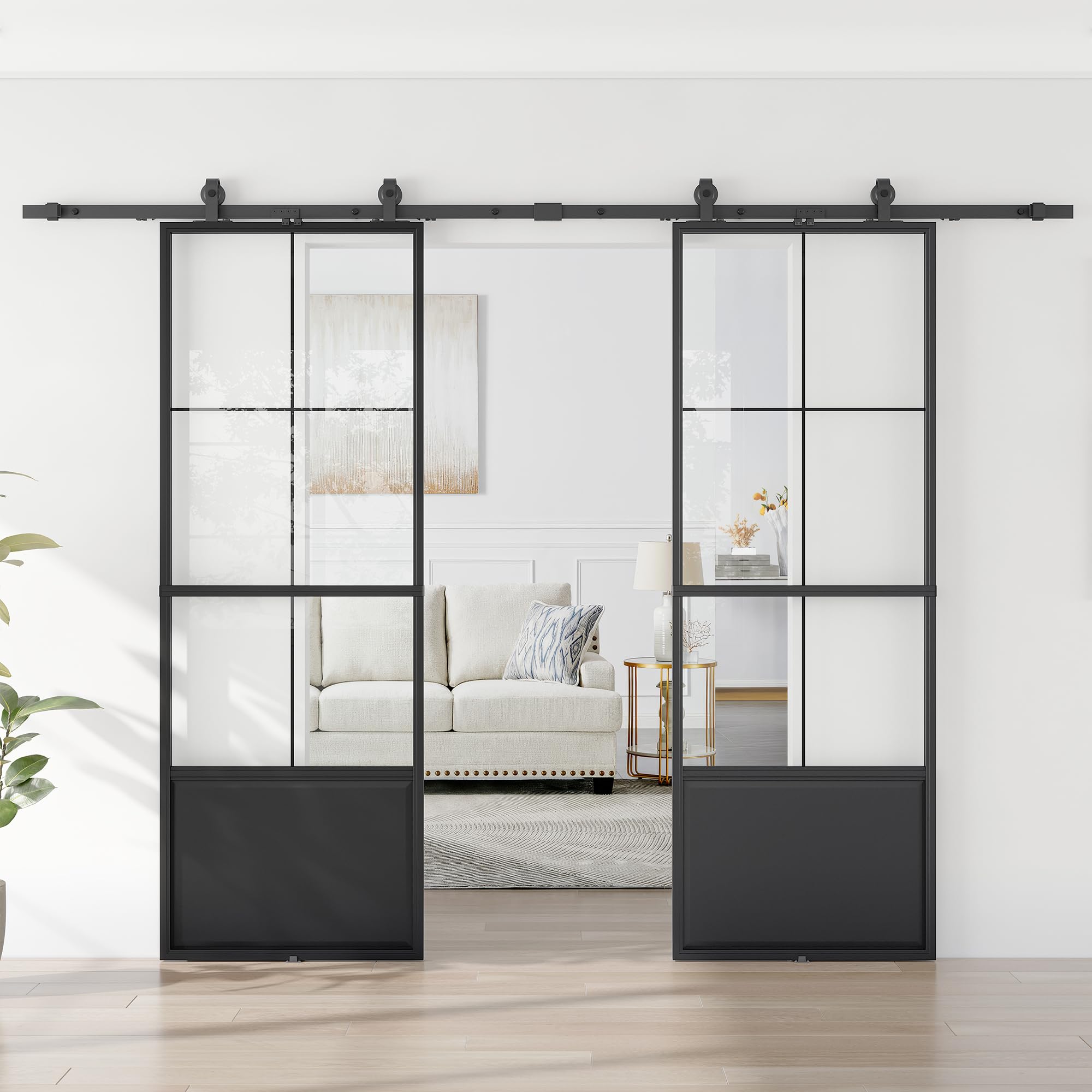 64 x 84 in 3/4 Lite Metal and Glass Double Barn Door with Installation Hardware Kit and Soft-Close