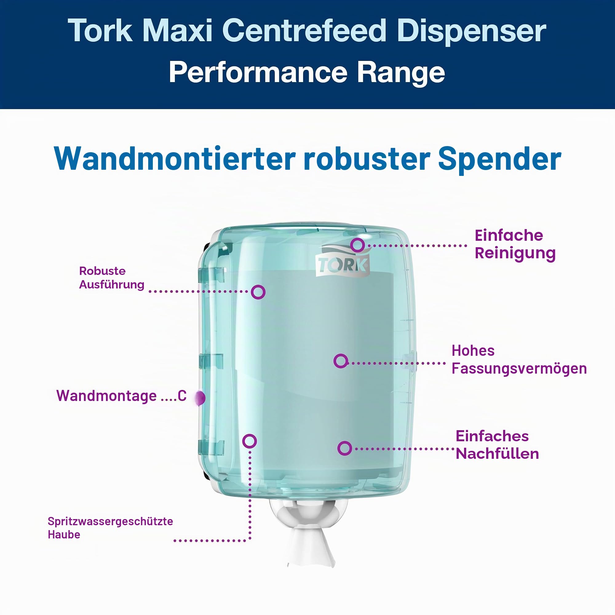 Tork Maxi Innenabrollungsspender Weiß und Türkis W2, Robustes Design, Performance Linie, 44,7 cm × 32,8 cm × 30,2 cm, 653000