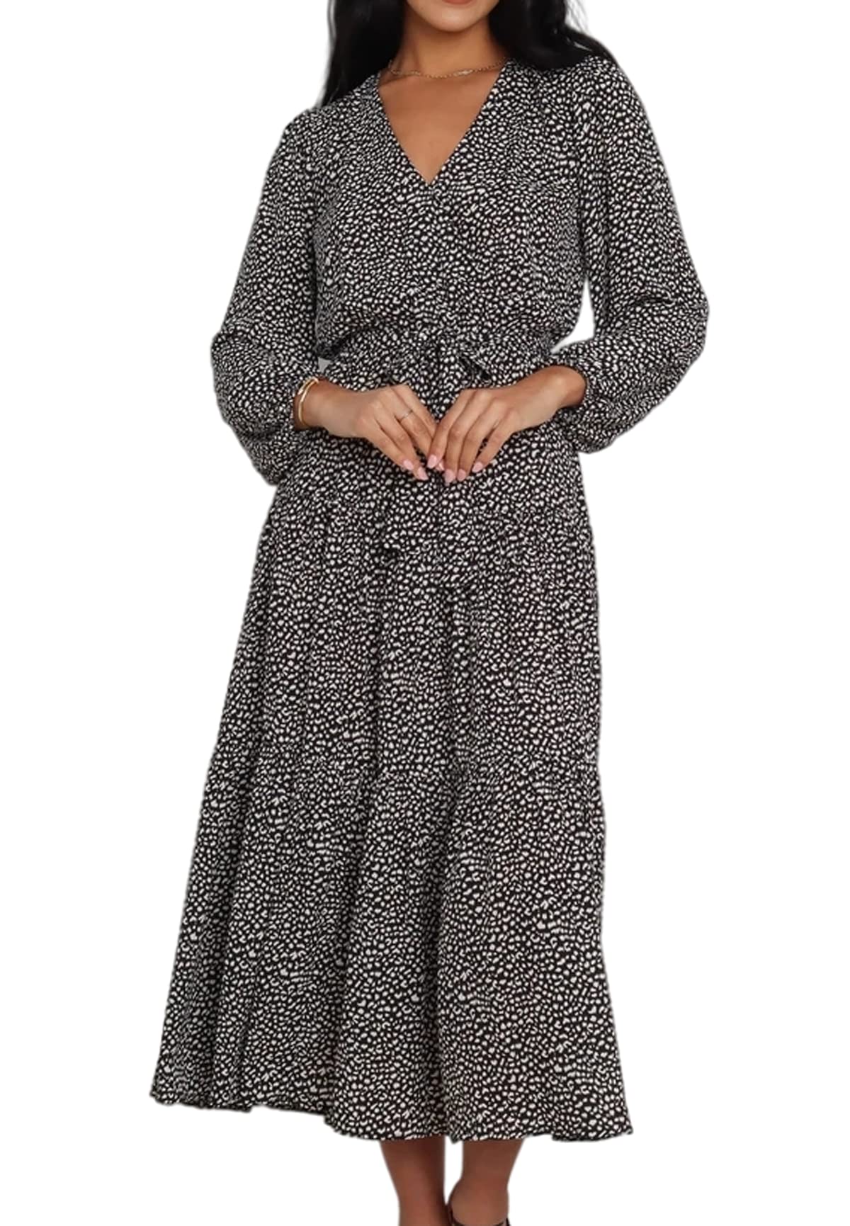 R.Vivimos Women's Fall Long Sleeve Casual Dresses Wrap V Neck Polka Dots Tiered Ruffle Flowy Midi Dress with Belt